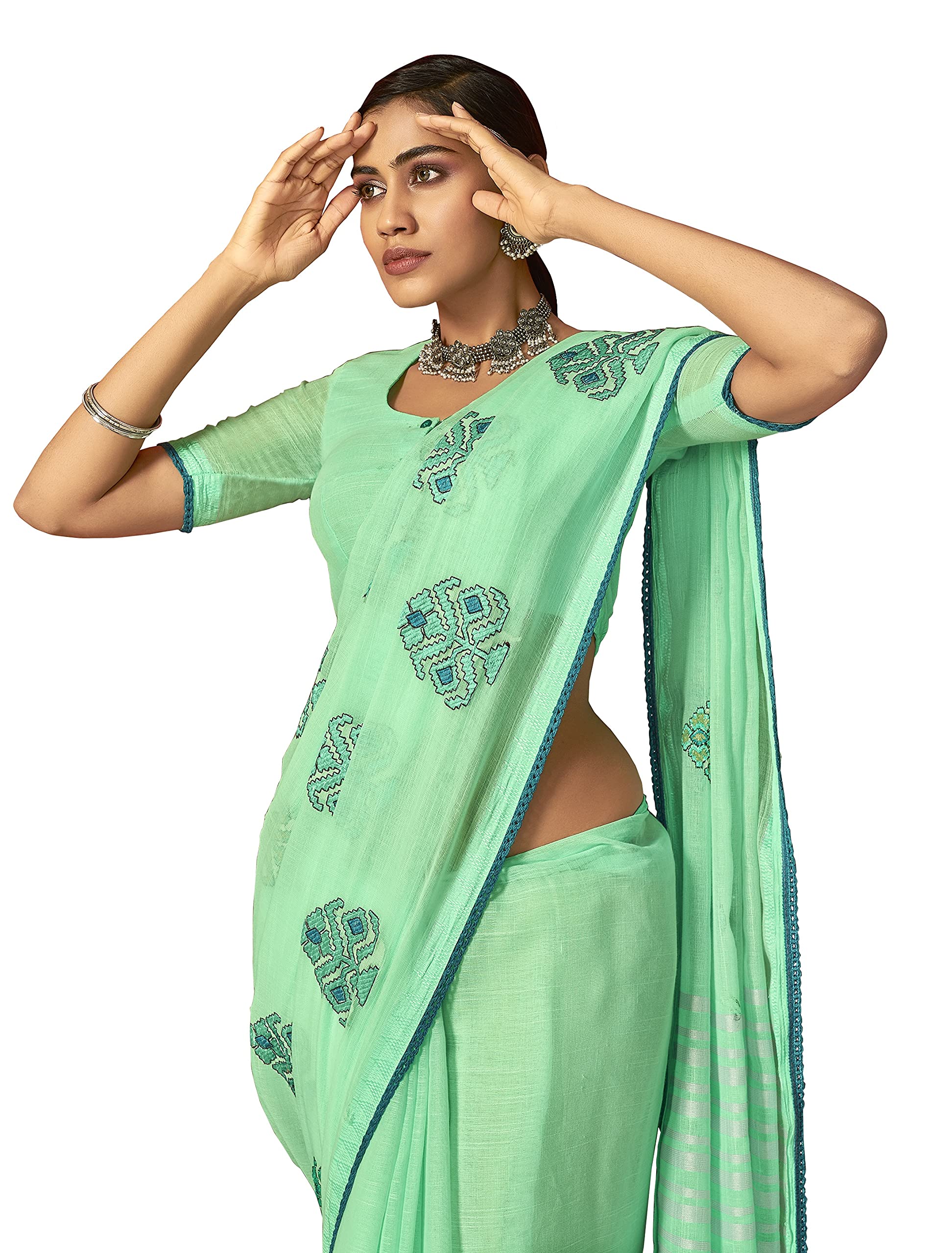 DRAVINAM Trends Women's Embroidered Linen Cotton Saree With Unstitched Blouse Piece (Light Blue)