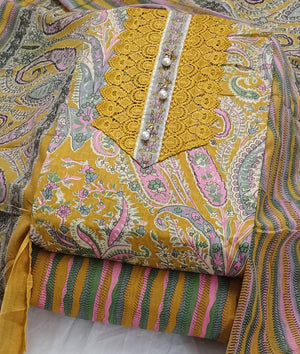 DRAVINAM Trends Women's Cambric Cotton Dress Material | Unstitch Kalamkari Printed Suit Set with Cotton Dupatta