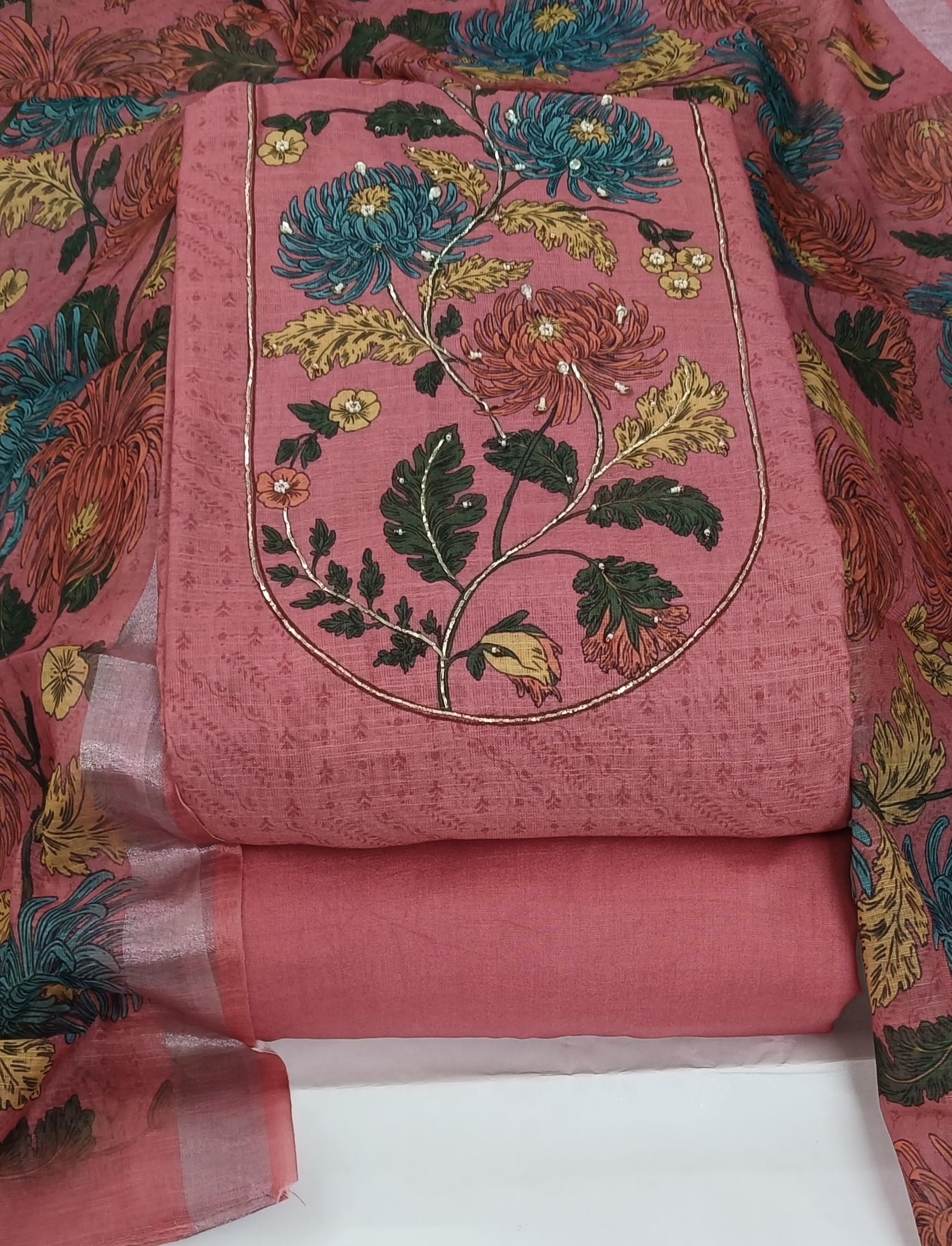 DRAVINAM Trends Women's Premium Pure Linen Floral Printed Unstitched Salwar Suit Dress Material with Dupatta