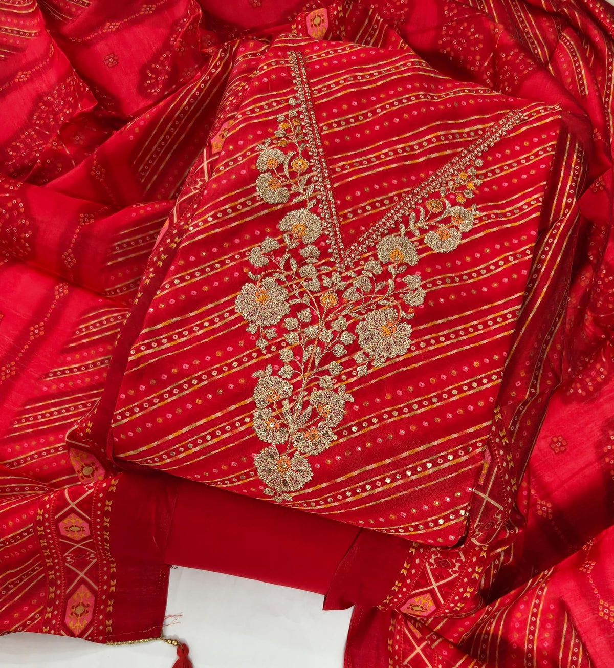 DRAVINAM Trends Womens Modal Silk Unstitched Suit Material with Embroidered Printed Kurta Pant and Dupatta
