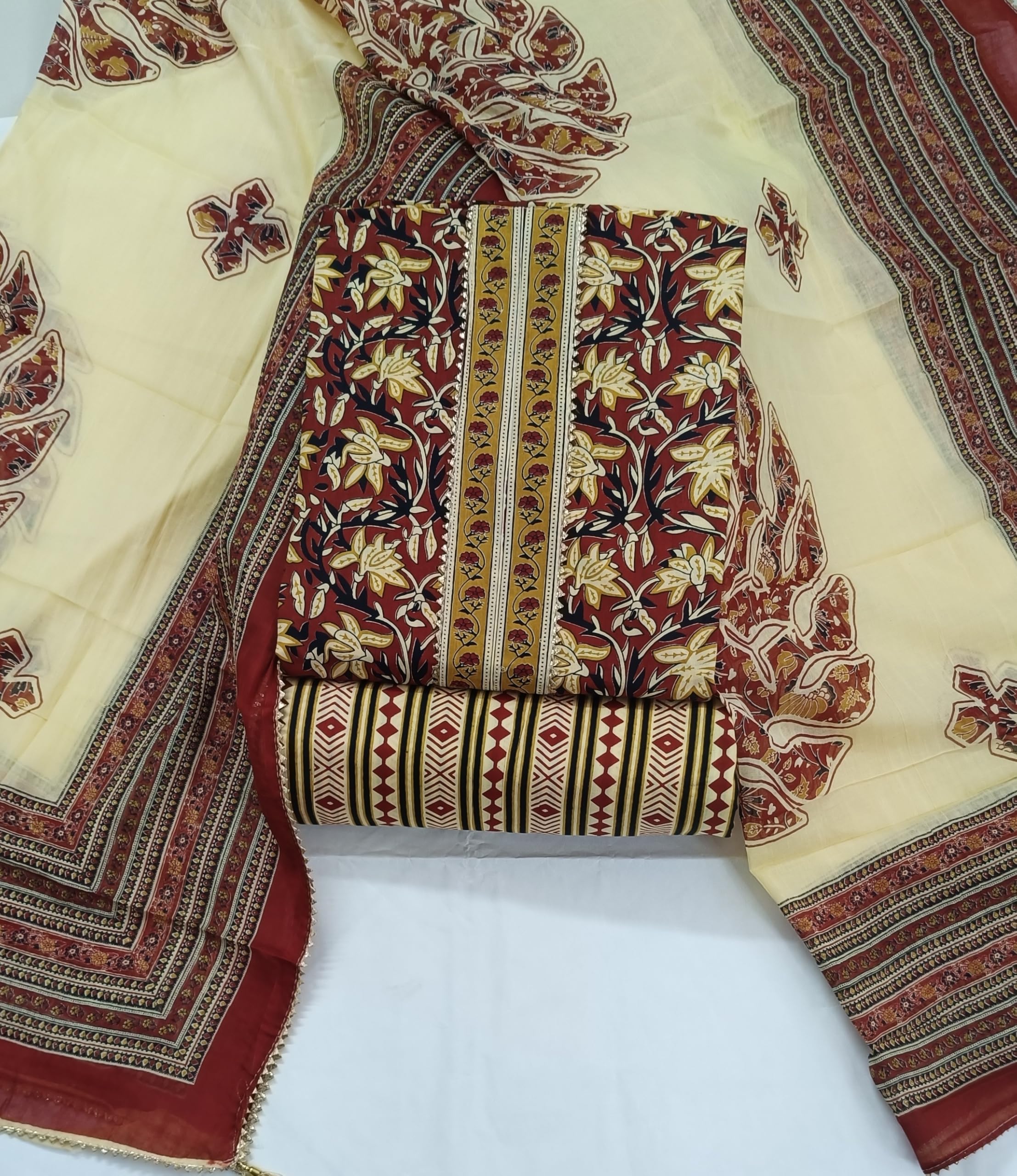DRAVINAM Trends Women's Jaipuri Printed Embroidered and Hand Work Premium Cambric Cotton Unstitched Salwar Suit Dress Material with Mulmul Cotton Dupatta