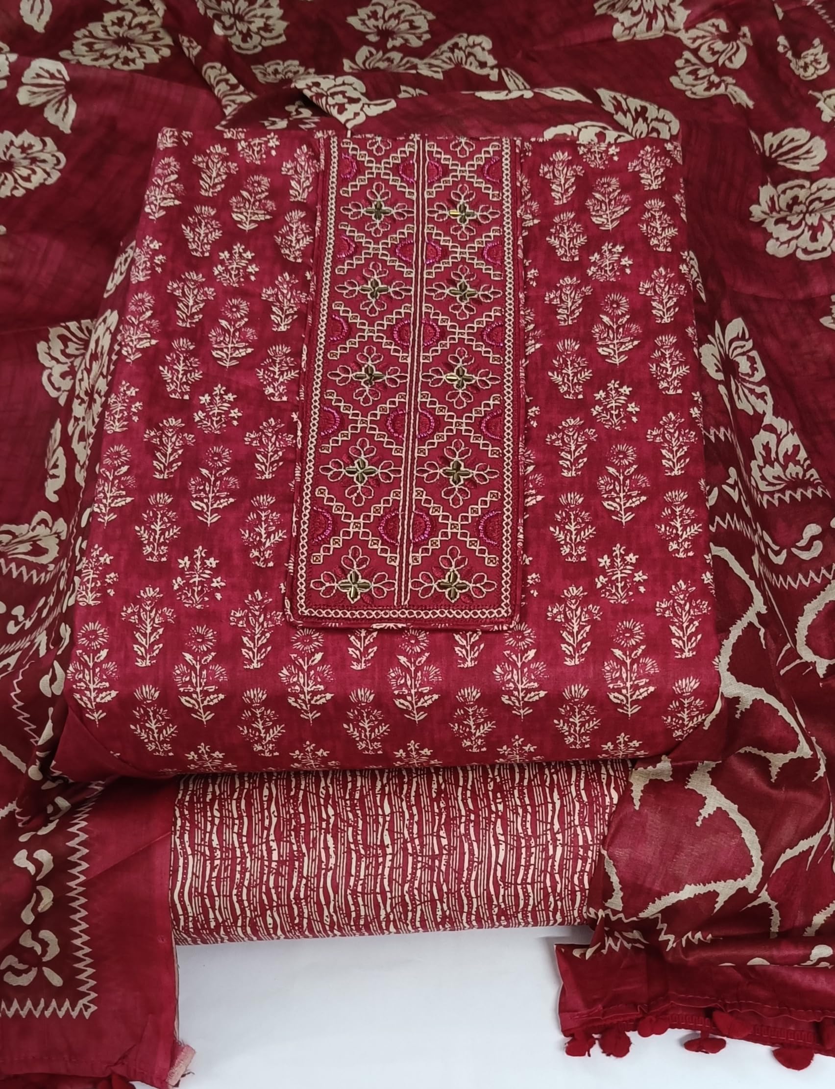 DRAVINAM Trends Women's Printed Embroidered and Hand Work Premium Cotton Jaipuri Unstitched Salwar Suit Dress Material with Mulmul Cotton Dupatta