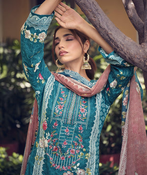 DRAVINAM Trends Unstitched Pakistani Print Embroidered Cotton Suit Dress Materials with Printed Cotton Dupatta