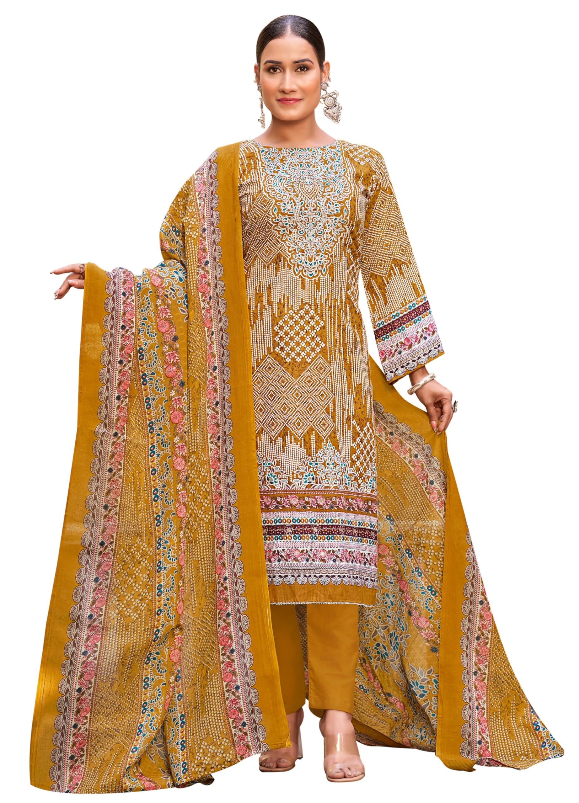 DRAVINAM Trends Women's Unstitched Salwar Suit Dress Material - Cotton Digital Printed Organza Embroidered Kameez II Unstitch Bottoms II Cotton Dupatta
