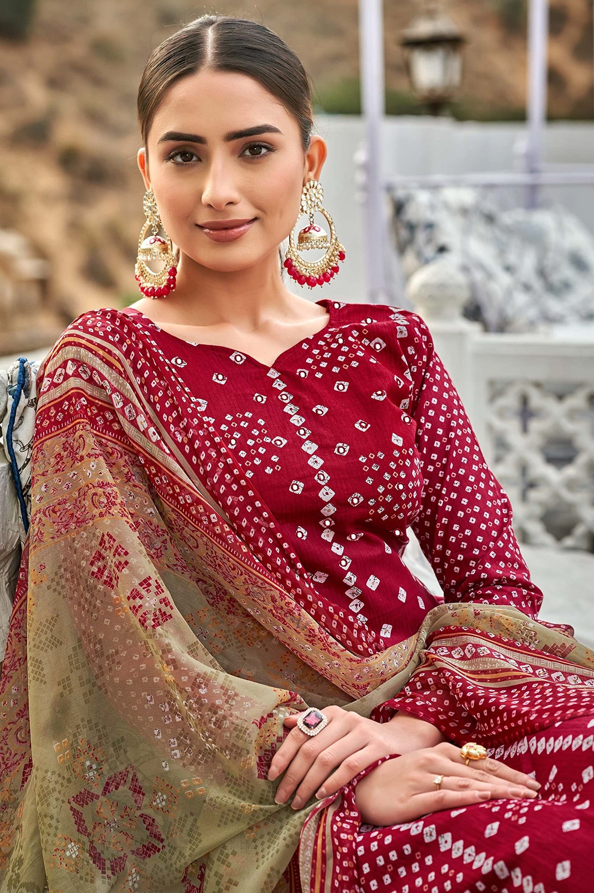 DRAVINAM Trends Women's Unstitched Salwar Suit Dress Material - Pure Cotton Print with Mirror Work Kameez | Plain Bottom |Chiffon Print Dupatta