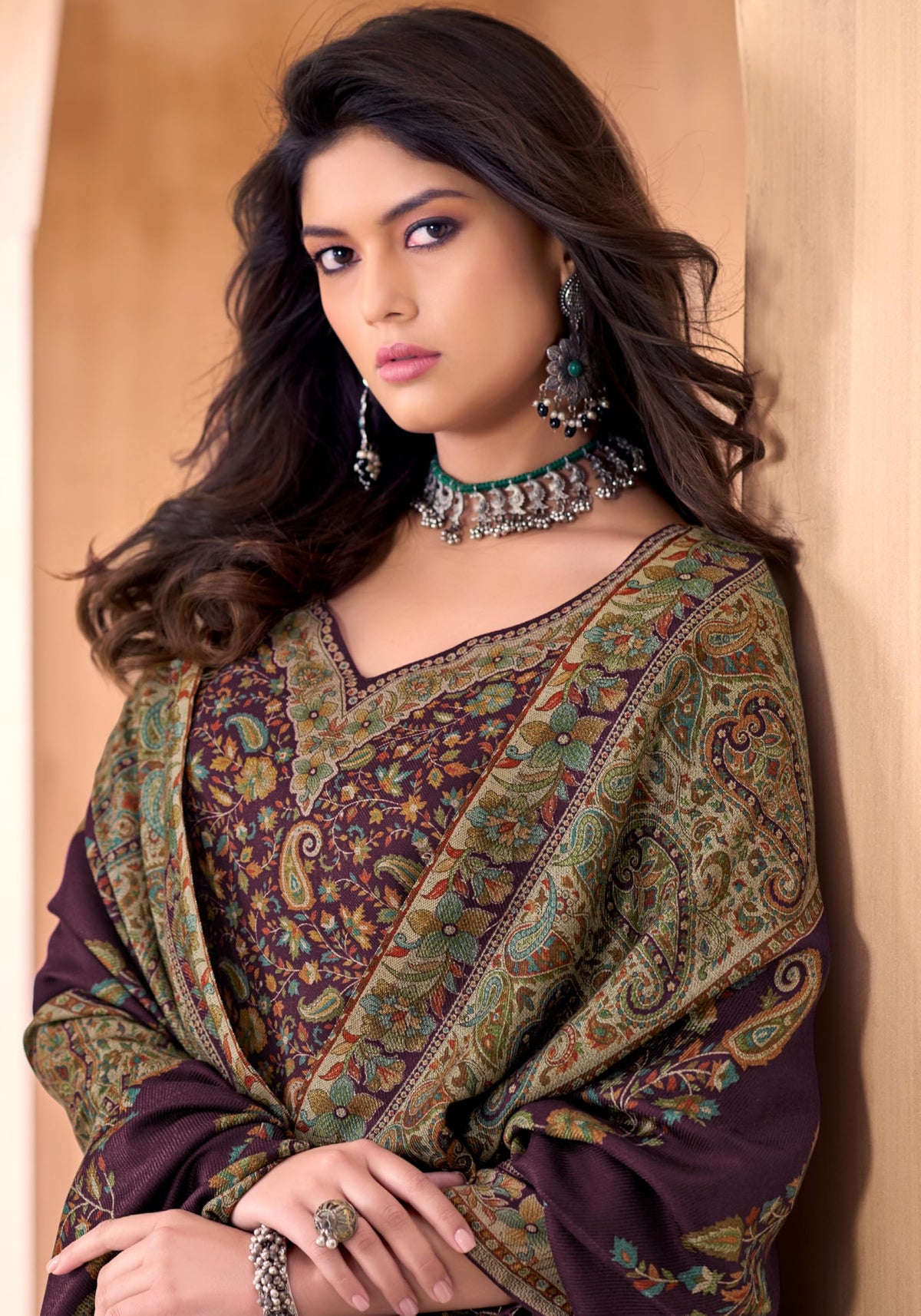 DRAVINAM Trends Women's Unstitched Winter Wear Kashmiri Kani Printed Swaroski Work Heavy Woolen Pashmina Salwar Suit Dress Material with Printed Shawl Dupatta