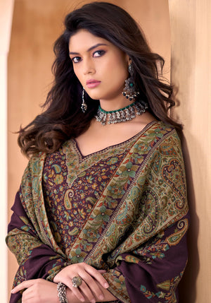 DRAVINAM Trends Women's Unstitched Winter Wear Kashmiri Kani Printed Swaroski Work Heavy Woolen Pashmina Salwar Suit Dress Material with Printed Shawl Dupatta