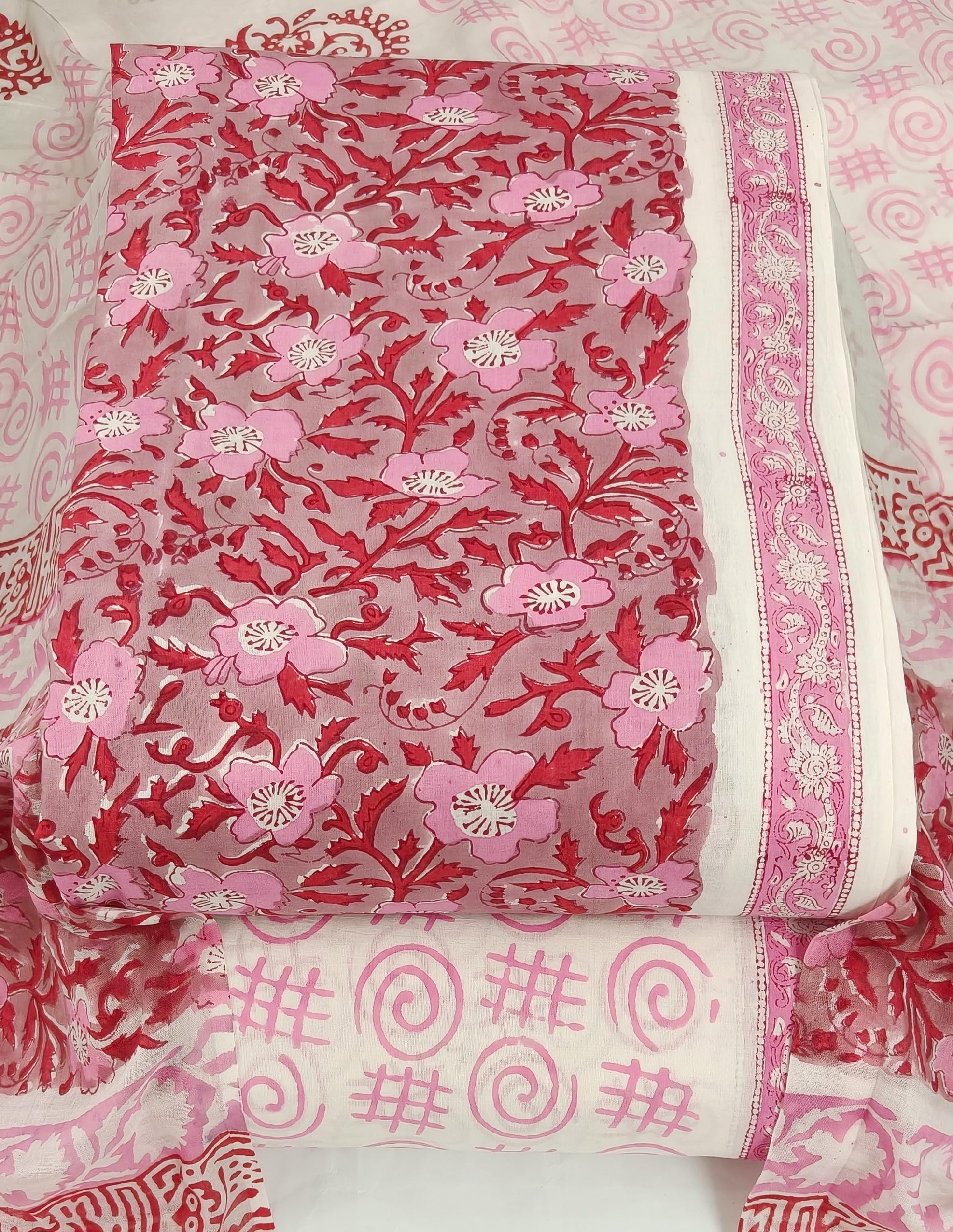DRAVINAM Trends Hand Block Print Jaipuri Cambric Unstitched Cotton Suit Dress Material for Women with Mulmul Cotton Hand Printed Dupatta
