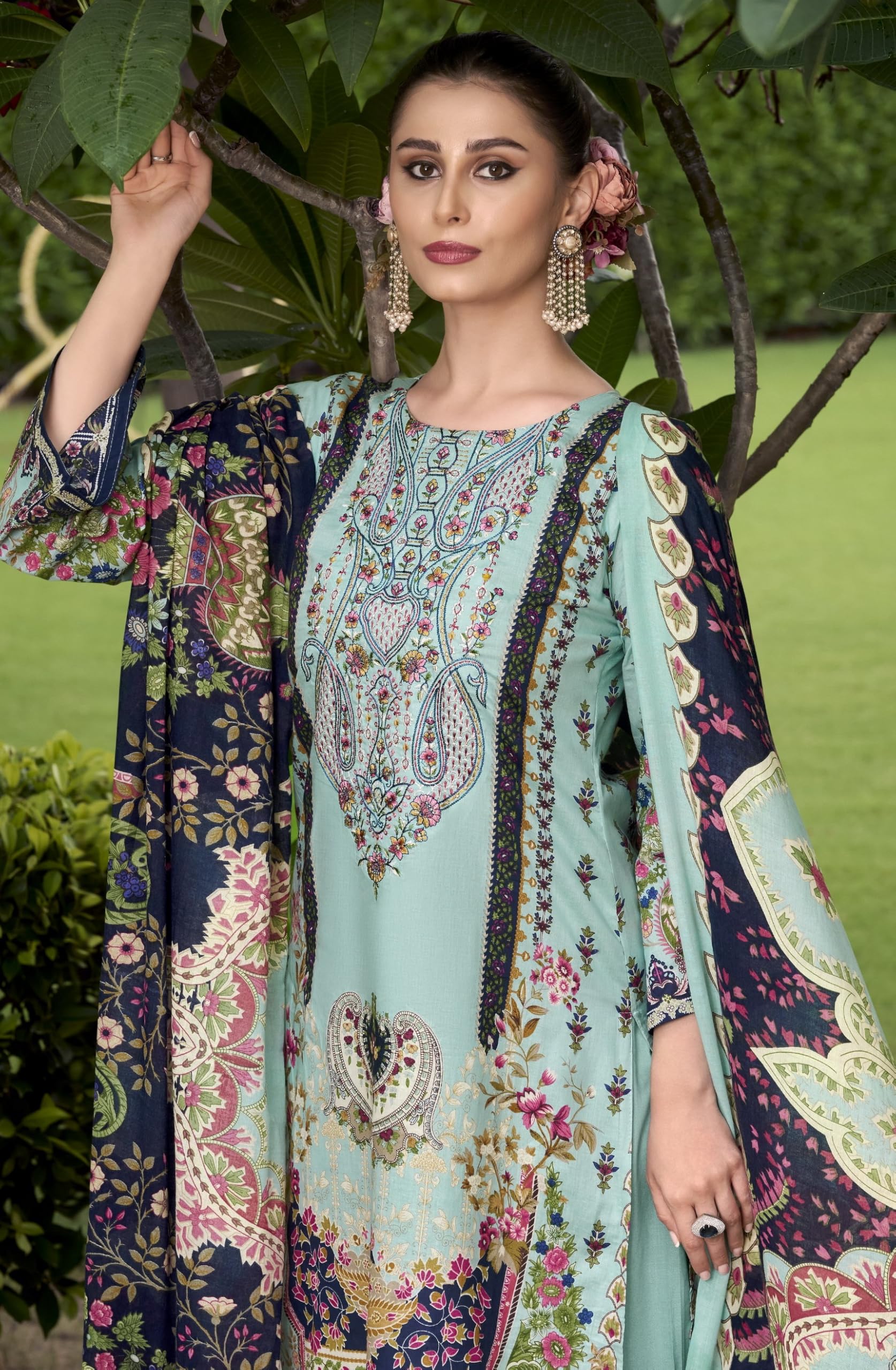 DRAVINAM Trends Women's Unstitched Cotton Suit Dress Material - Pure Cotton Embroidered Digital Top II Cotton Bottoms II Cotton Digital Print Dupatta