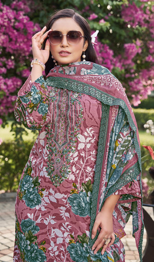 DRAVINAM Trends Pure Cambric Cotton Pakistani Embroidered Suit Dress Material with Unstitched Bottoms and Cotton Dupatta