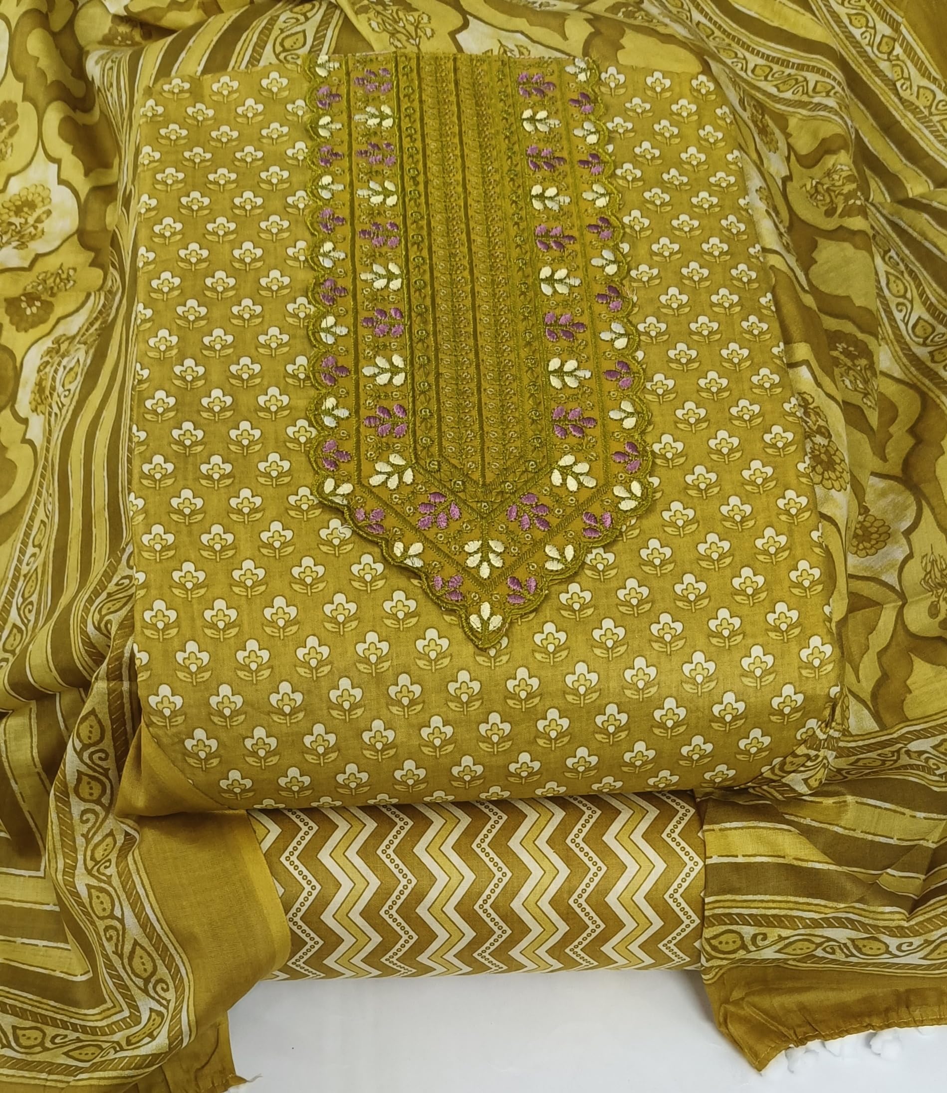 DRAVINAM Trends Women's Printed Embroidered and Hand Work Premium Cotton Jaipuri Unstitched Salwar Suit Dress Material with Mulmul Cotton Dupatta