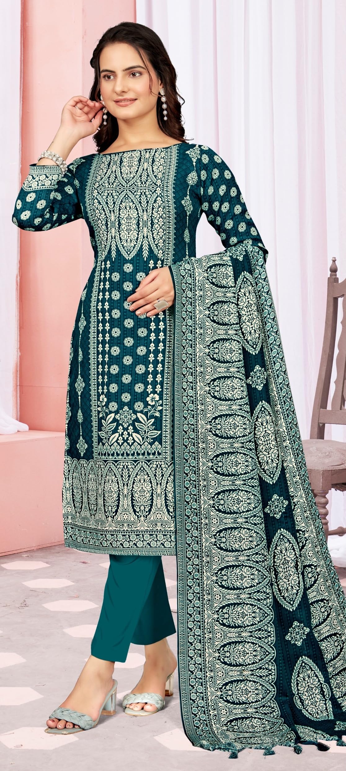 DRAVINAM Trends Women's Unstitched Winter Wear Digital Printed Heavy Woolen Pashmina Salwar Suit Dress Material with Printed Shawl Dupatta