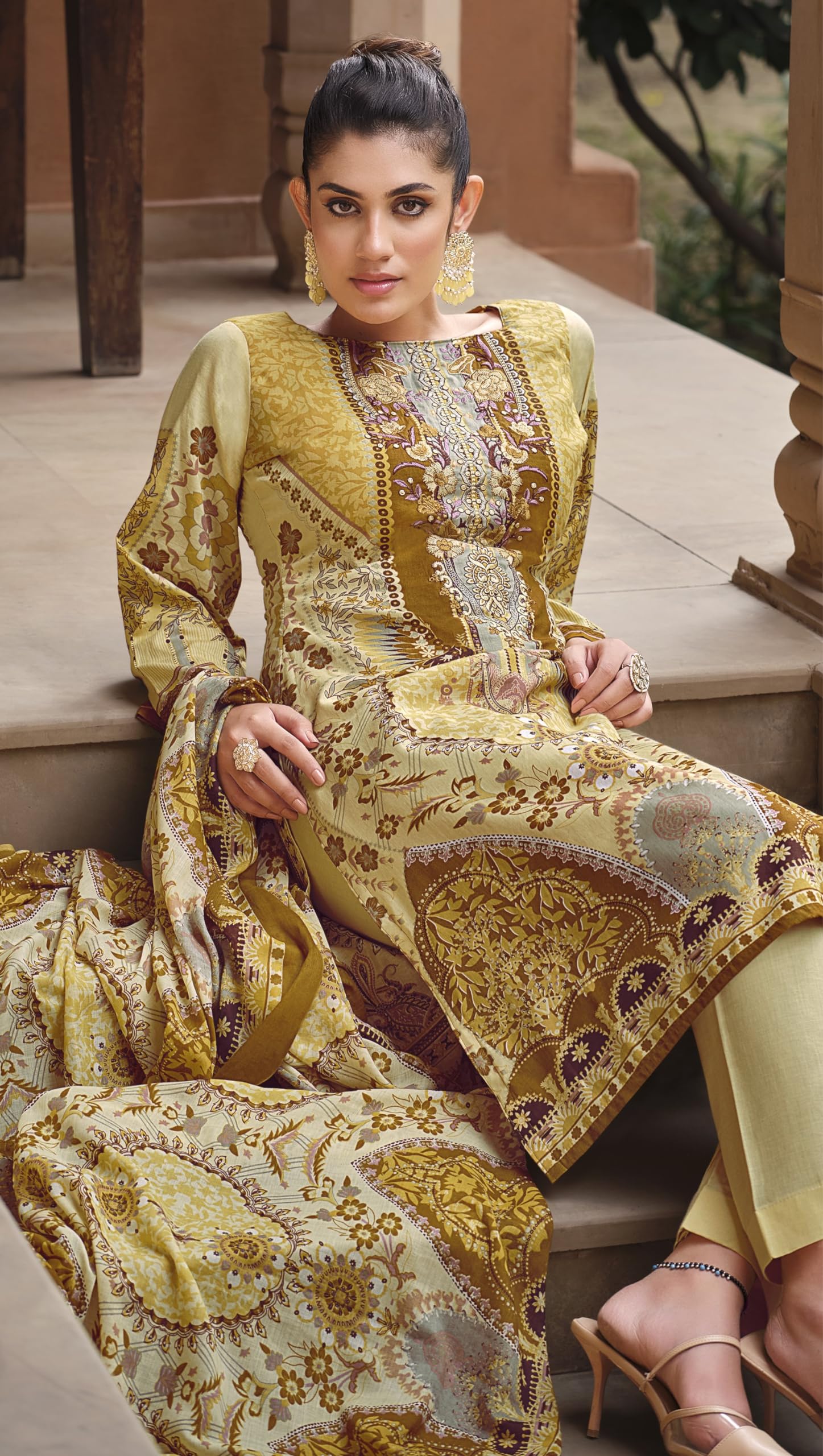 DRAVINAM Trends Unstitched Pakistani Print Embroidered Cotton Salwar Suit Dress Materials with Cotton Printed Dupatta (Beige)