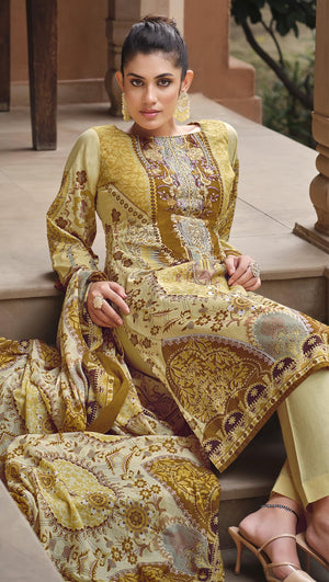 DRAVINAM Trends Unstitched Pakistani Print Embroidered Cotton Salwar Suit Dress Materials with Cotton Printed Dupatta (Beige)