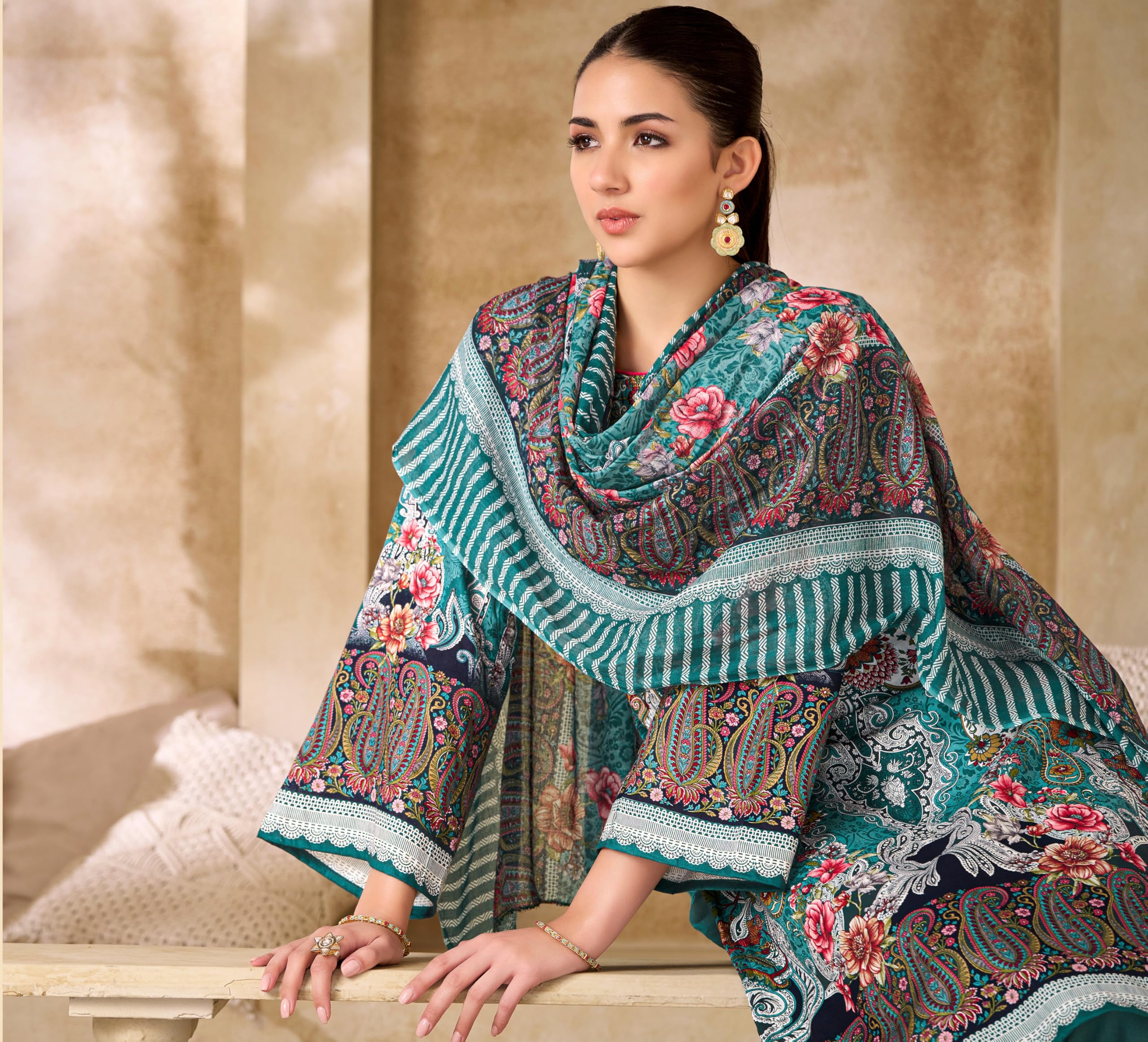 DRAVINAM Trends Unstitched Pakistani Embroidered Pure Cambric Cotton Salwar Suit Dress Materials with Cotton Dupatta