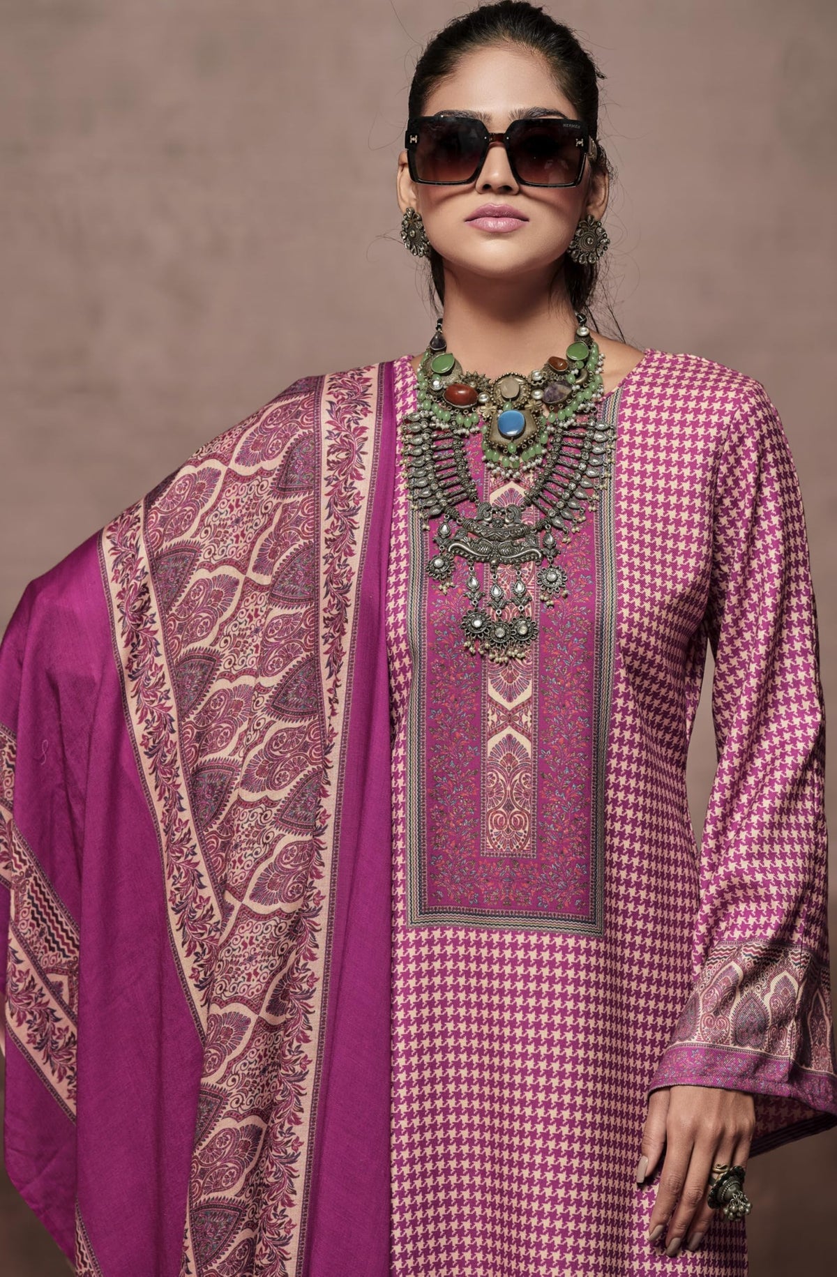 DRAVINAM Trends Elegant Unstitch Pashmina Set: 100% Viscose Digital Print Top, Solid Bottom & Matching Dupatta