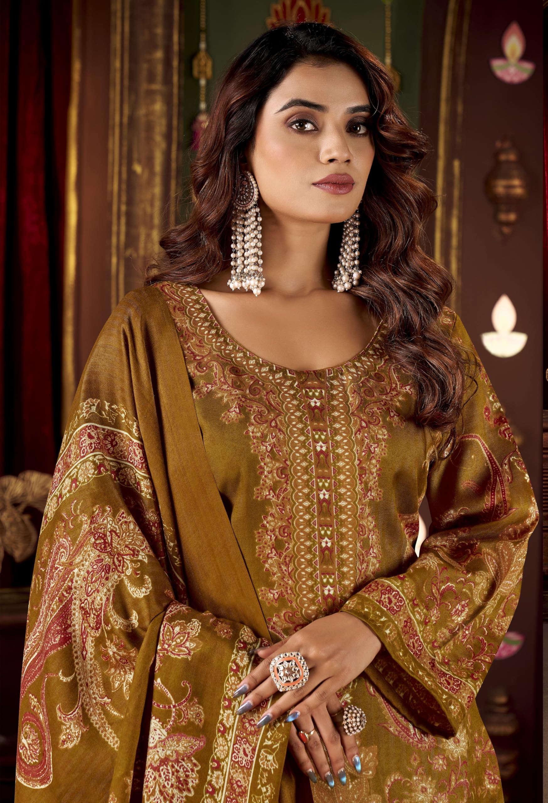 DRAVINAM Trends Women's Winter wear unstitched Printed Woollen Pashmina Salwar Suit Dress Material with Pashmina Printed Shawl Dupatta