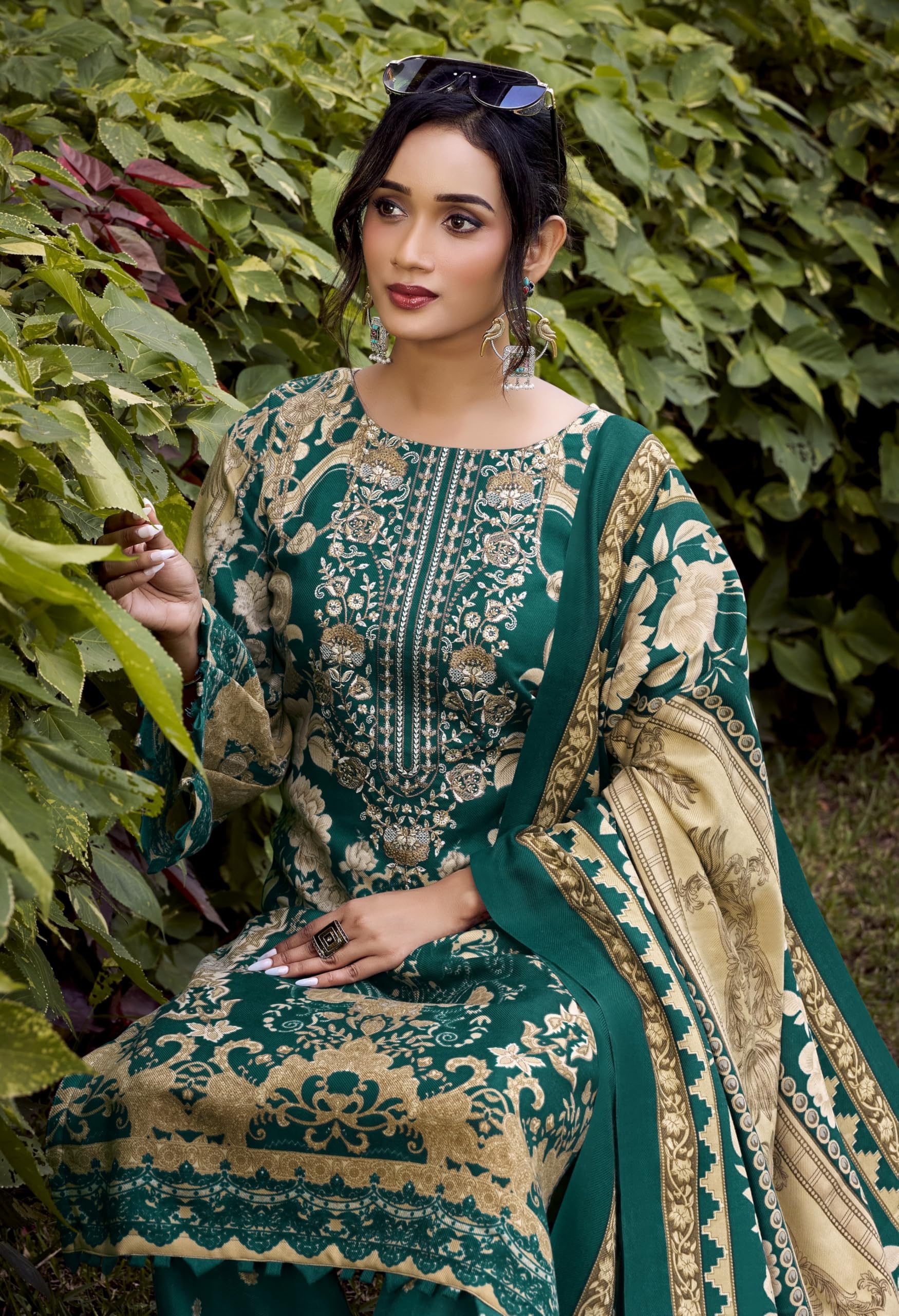 DRAVINAM Trends Women's winter wear unstitched embroidered Woollen Pashmina Suit Dress Material with Pashmina Printed Shawl Dupatta