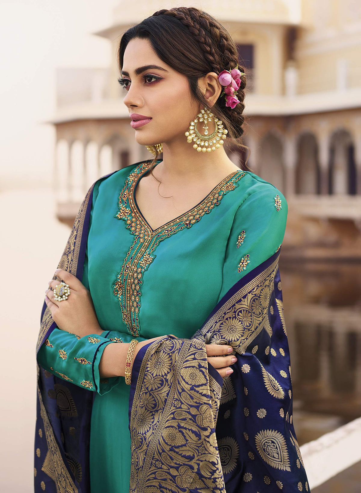 DRAVINAM Trends Women's Satin Georgette Unstitched Embroidered Chudidaar Salwar Suit dress Material with Heavy Pure Banarasi Meena Jacquard silk Dupatta (Free size_Blue and Firozee)