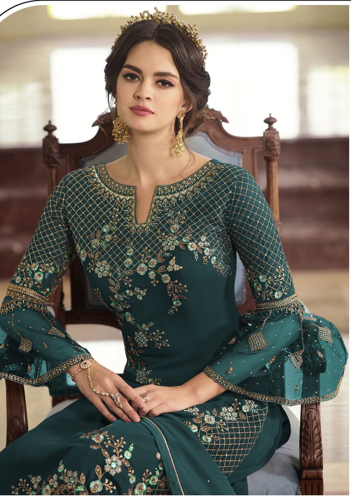 DRAVINAM Trends Women's Faux Georgette Semi Stitched Top With Unstitched Santoon Bottom and Net Dupatta Embroidered Straight Kurta Dress Material (Kurta Set)