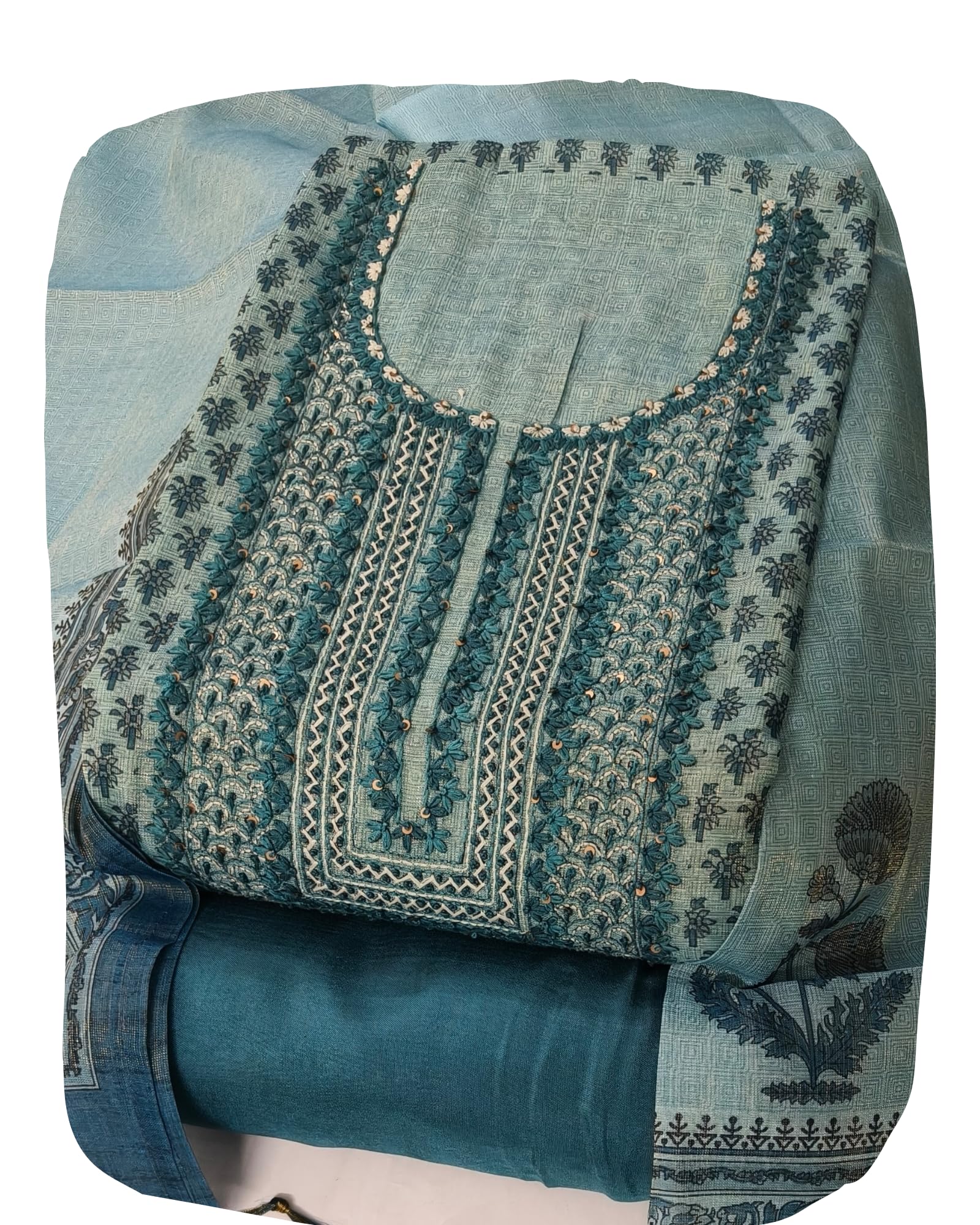 DRAVINAM Trends Women's Tissue Silk Embroidered Unstitched Suit Set with Shantoon Bottom & Dupatta
