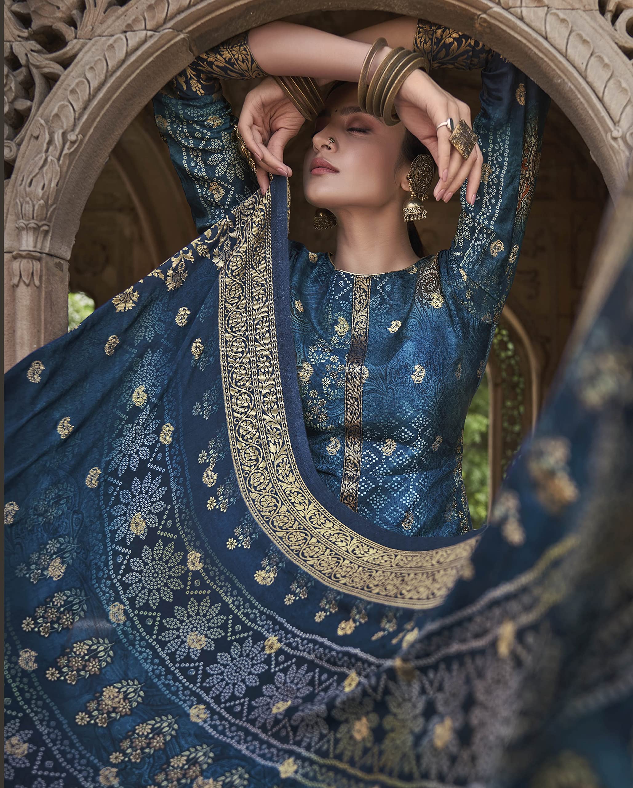 DRAVINAM Trends Women's Pure Banarasi Dola Jacquard Silk Embroidered Unstitched Pakistani Salwar Suit Dress Material with Chinon Silk Embroidered heavy dupatta (With Inner) (Free size) (