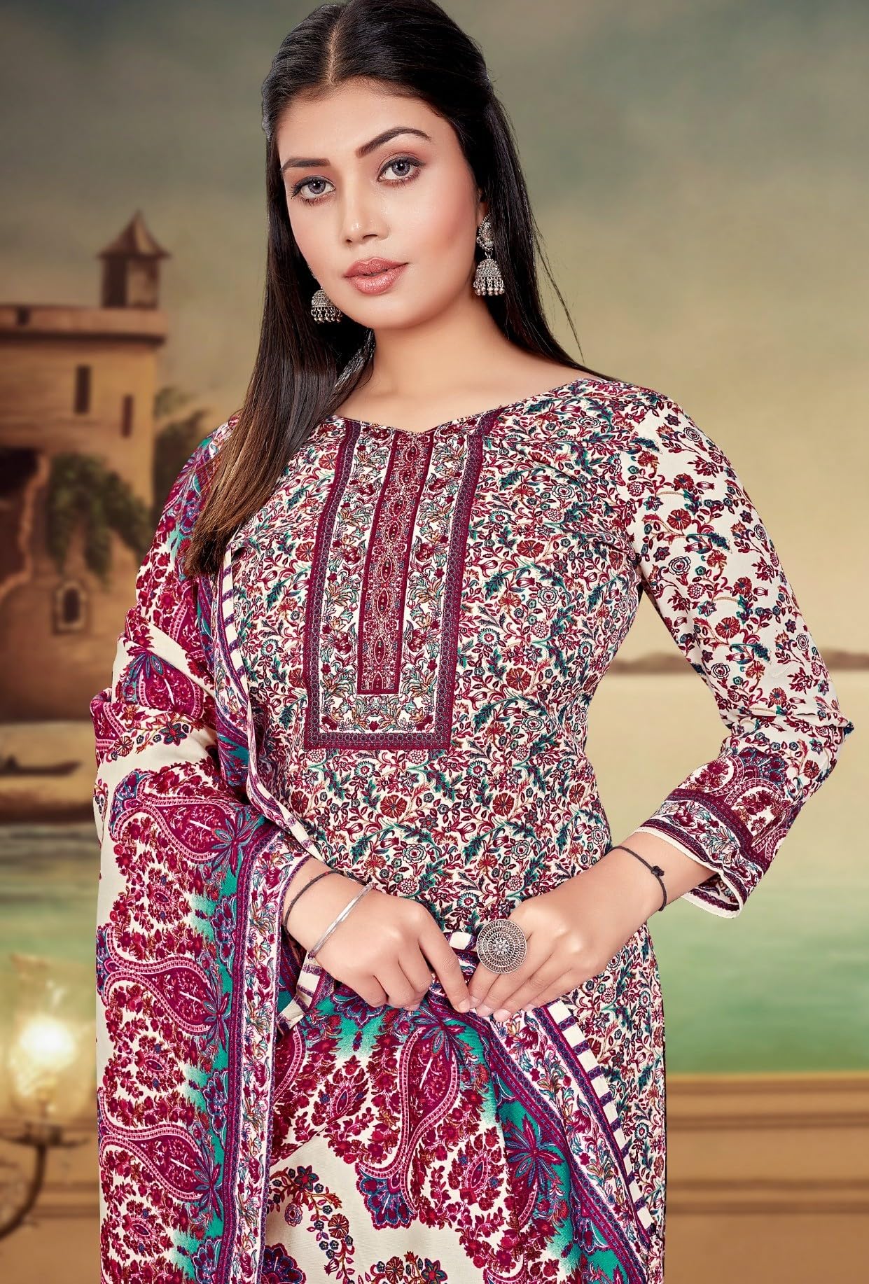 DRAVINAM Trends Women's Kashmiri Kani Printed Woolen Pashmina Unstitch Salwar Suit Dress Material with Printed Woolen Warm Shawl Dupatta