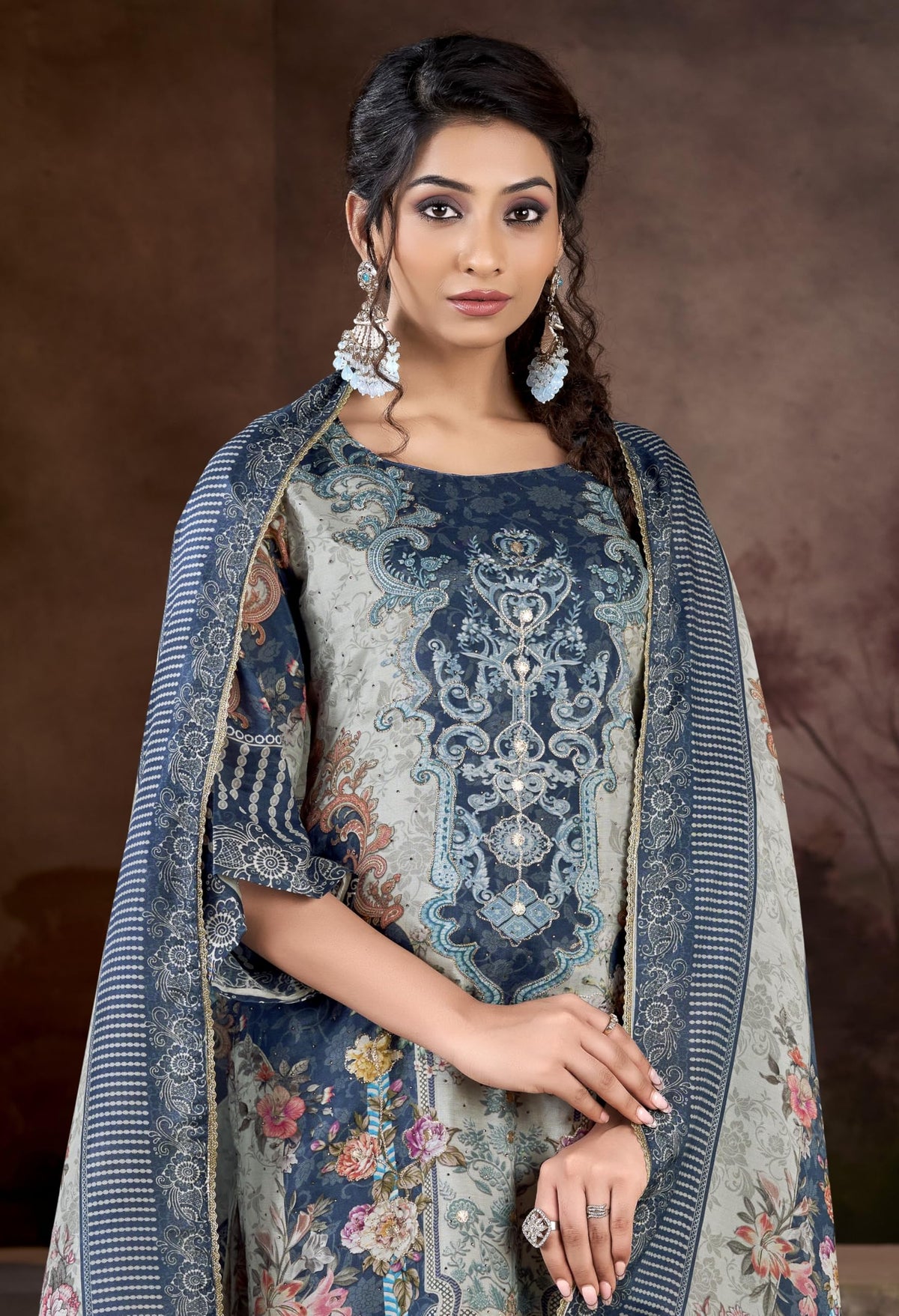 DRAVINAM Trends Pure Viscose Maslin Cotton Digital Printed Heavy Hand Embroidered Suit Dress Material with Unstitched Bottoms and Maslin Printed Dupatta