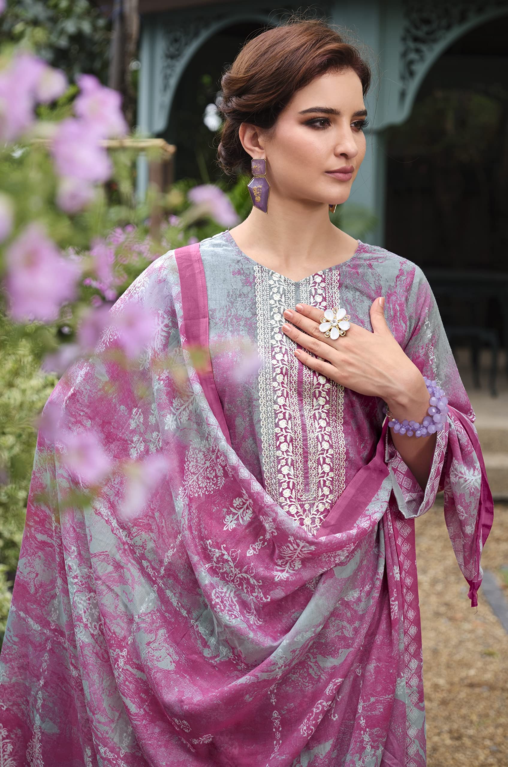 DRAVINAM Trends Unstitched Printed Embroidered Lace Work Cotton Salwar Suits Dress Material with Cotton Dupatta