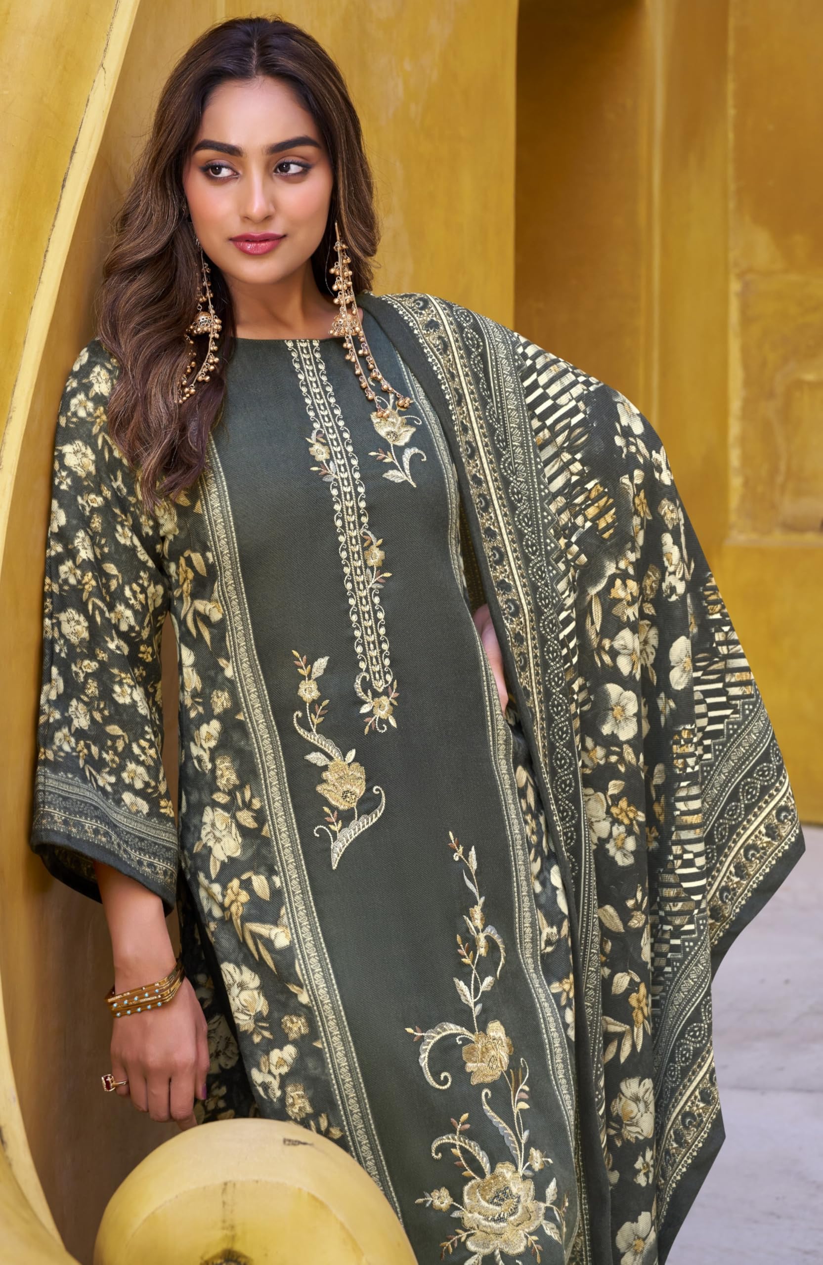 DRAVINAM Trends Women's Winter wear unstitched Printed Woollen Pashmina Embroidery Work Unstitched Salwar Suit Dress Material with Pashmina Printed Shawl Dupatta