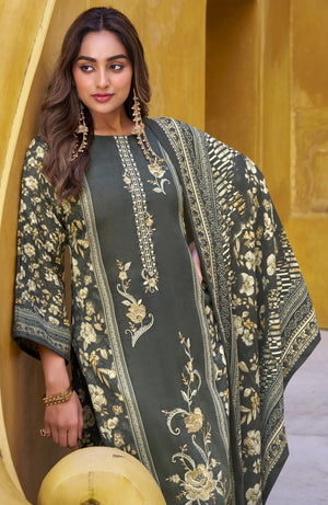 DRAVINAM Trends Women's Winter wear unstitched Printed Woollen Pashmina Embroidery Work Unstitched Salwar Suit Dress Material with Pashmina Printed Shawl Dupatta