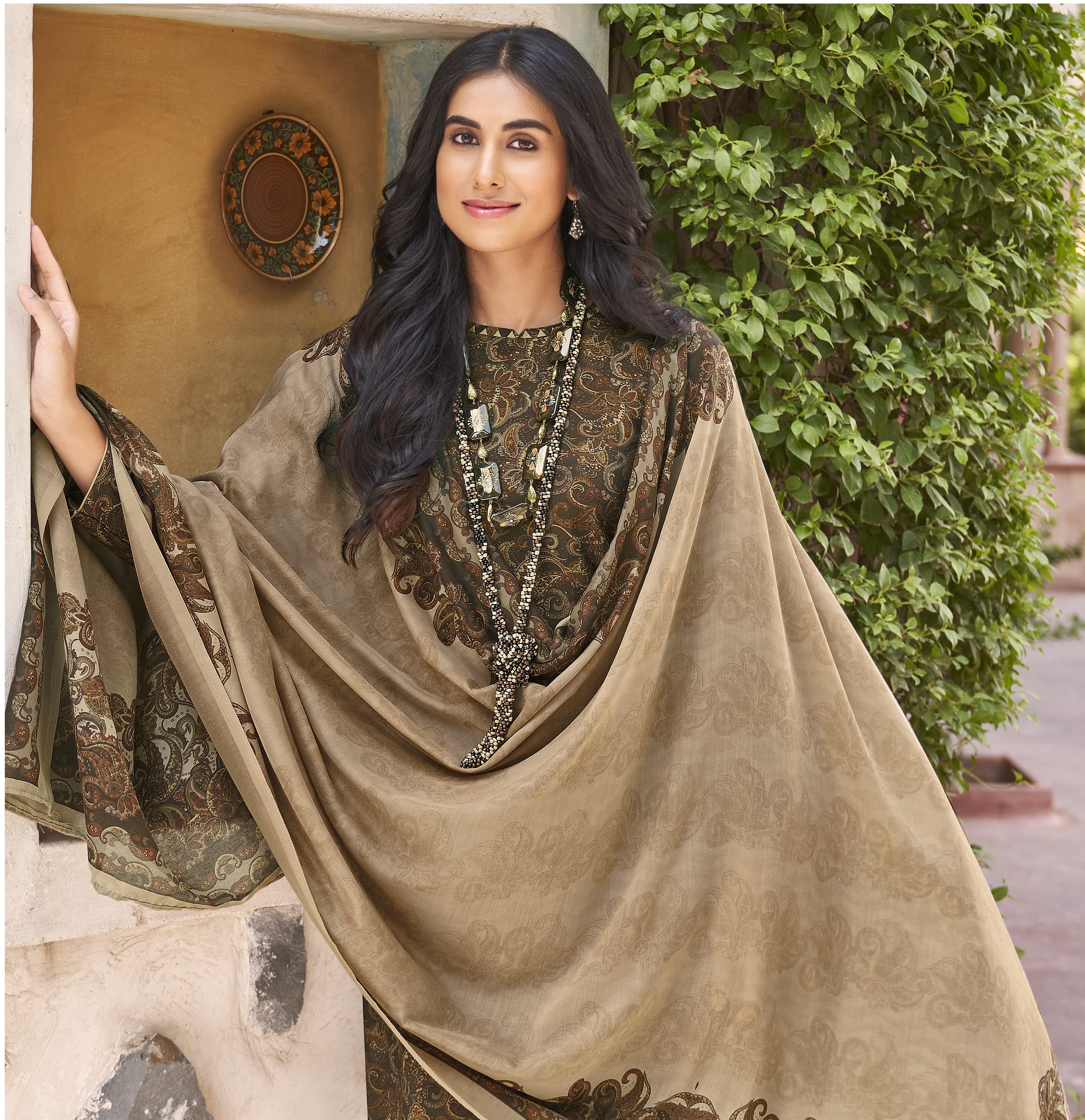 DRAVINAM Trends Women's Digital Kani Printed Pure Viscose Maslin Summer Wear Fancy Embroidery work Kurta Material For Women with Pure Maslin Digital Printed Dupatta (Dark Brown)