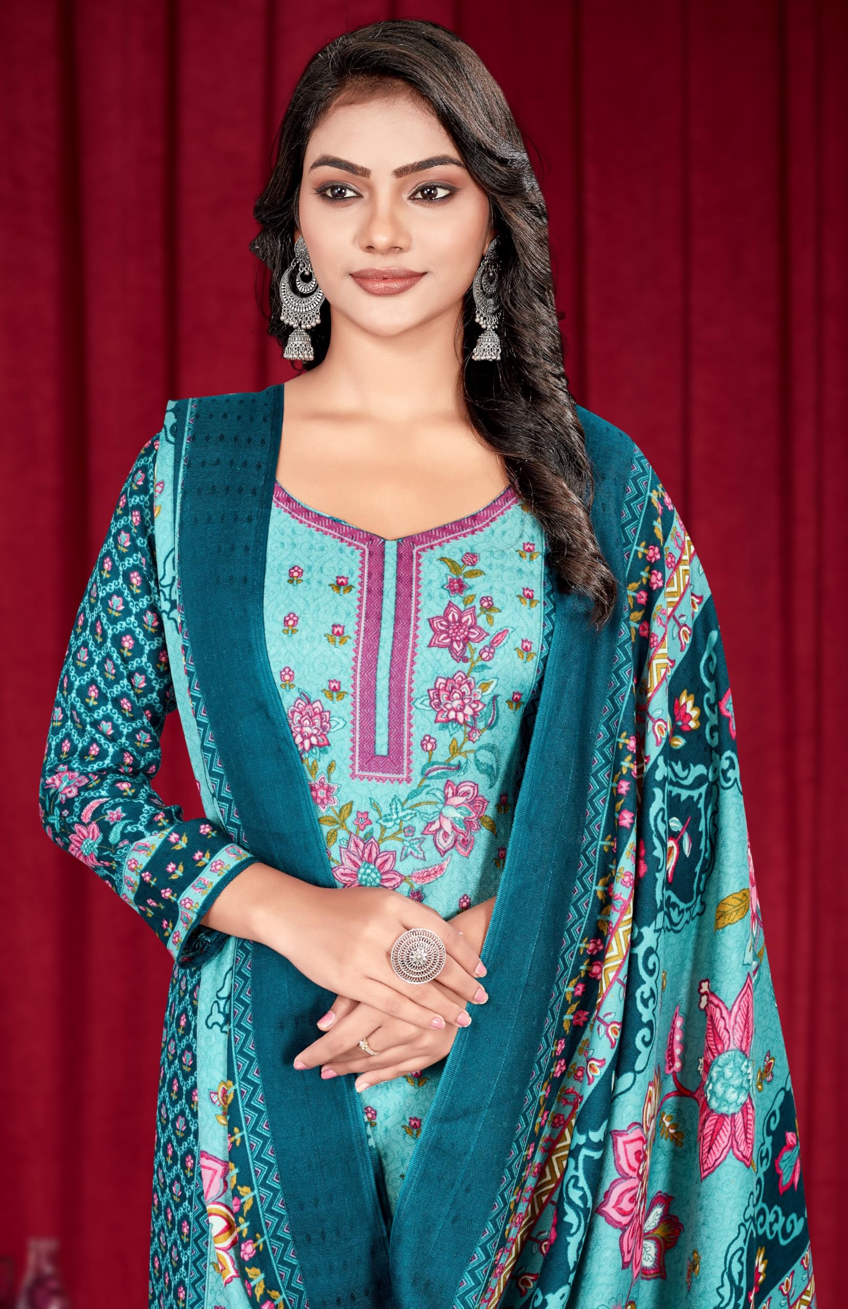 DRAVINAM Trends Women's Pakistani Printed Pashmina Wool Unstitch Salwar Suit Dress Material with Pashmina Printed Shawl Dupatta