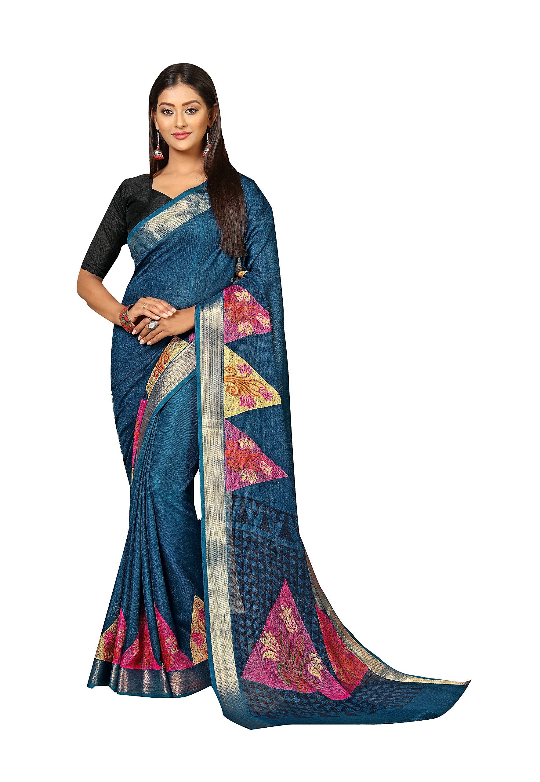 DRAVINAM Trends Women's Khadi Linen Saree With Un-stitched Blouse (SareePe_4_Blue & Black)