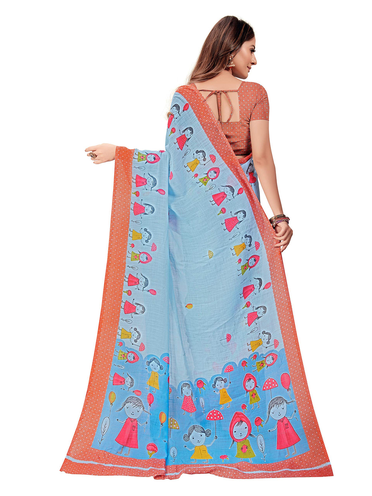 DRAVINAM Trends Women's Soft Printed Pure Linen Saree With Blouse Piece (Sky Blue)