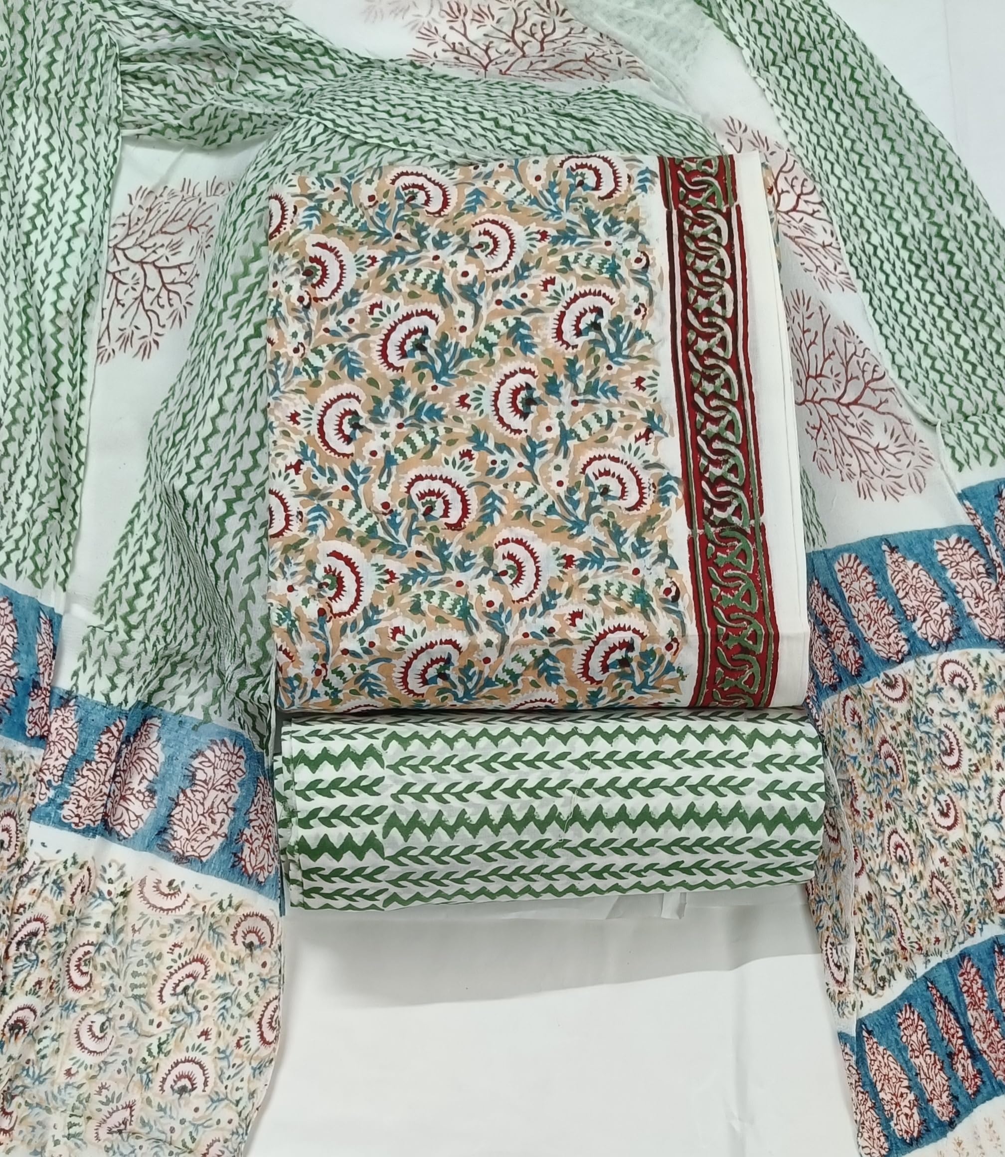 DRAVINAM Trends Hand Block Print Pure Cambric Cotton Unstitched Suit Material with Chiffon Hand Printed Dupatta