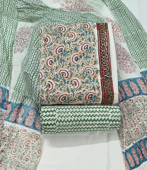 DRAVINAM Trends Hand Block Print Pure Cambric Cotton Unstitched Suit Material with Chiffon Hand Printed Dupatta
