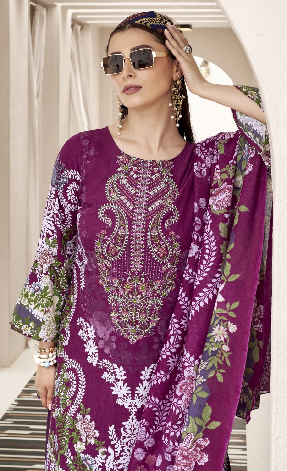 DRAVINAM Trends Women's Pakistani Print Embroidered Unstitcehd Pure Rayon Salwar Suit Dress Materials with Cotton Printed Dupatta