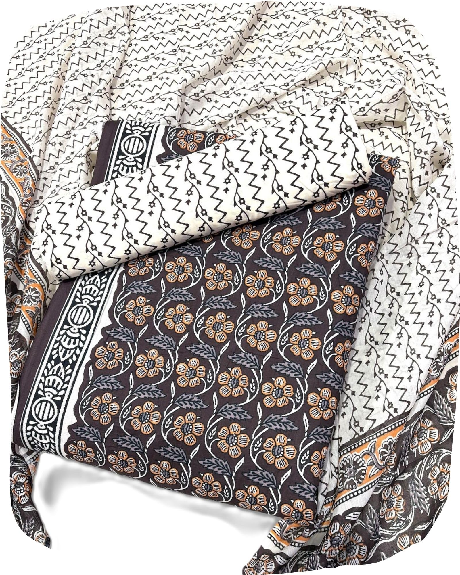 DRAVINAM Trends Unstitched Jaipuri Handmade Traditional Kalamkari Print Soft Cotton Dress Material with Cotton Dupatta