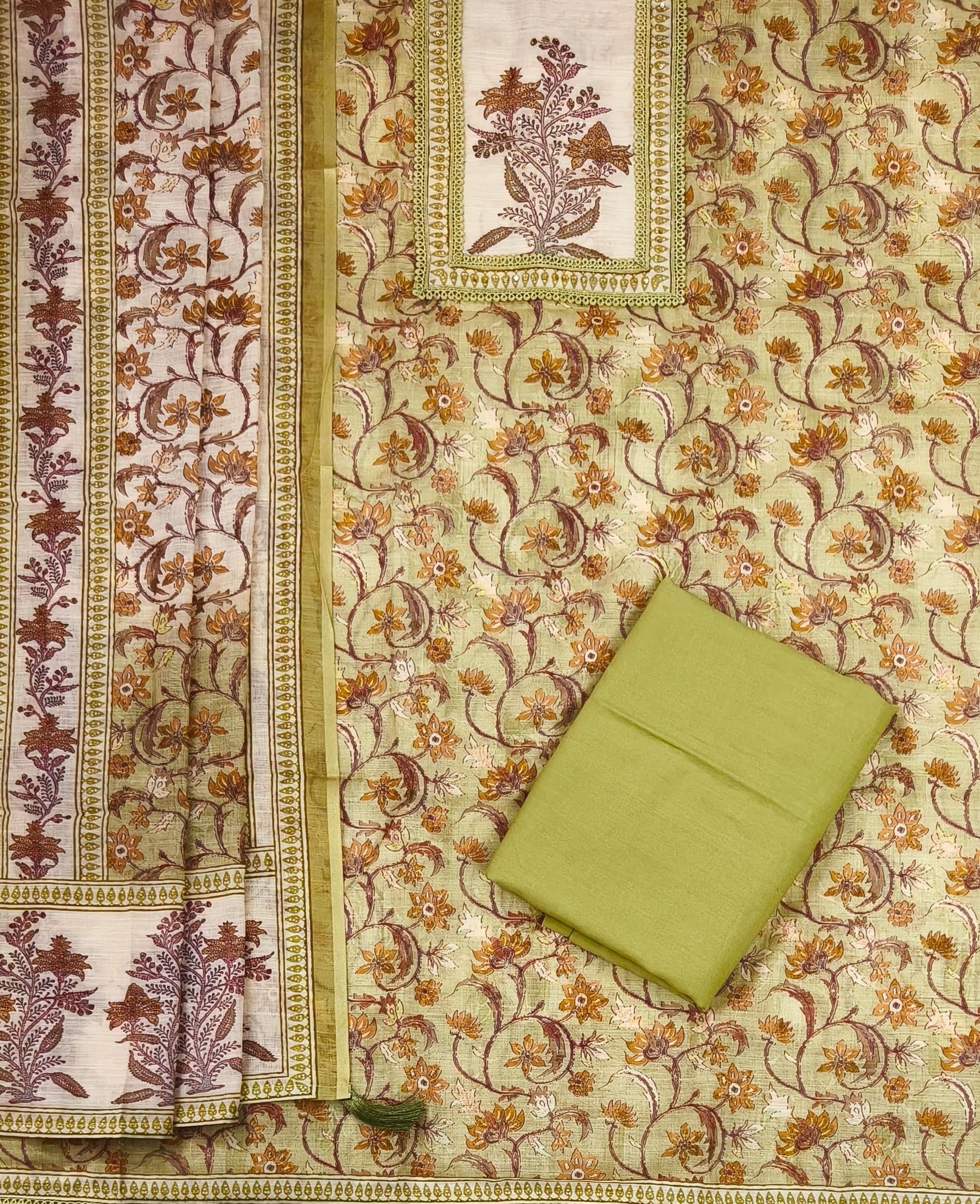 DRAVINAM Trends Women's Linen Cross-Stitch Floral Print Unstitched Salwar Suit Dress Material with Malai Cotton Bottom & Linen Dupatta