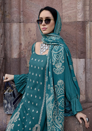 Unstitch Kashmiri Embroidered Winter Wear Salwar suit Dupatta Set – 2.5 m Viscose Wool Kameez with Premium Embroidery, 2.7 m Solid Viscose Bottom Fabric & 2.25 m Digital Print Silk Wool Dupatta