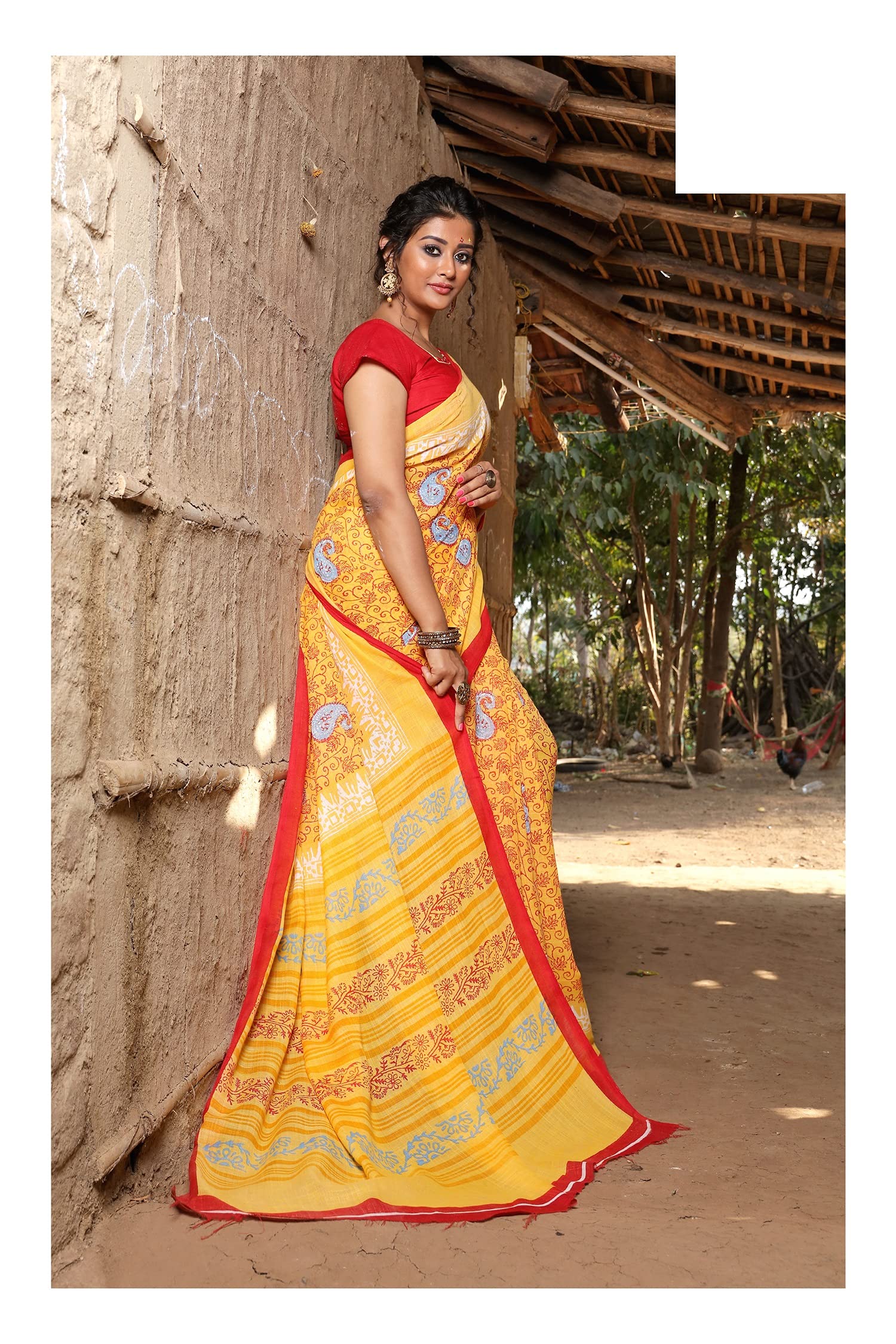 DRAVINAM Trends Women's Linen Printed Saree with Self Printed Blouse Piece (Yellow)