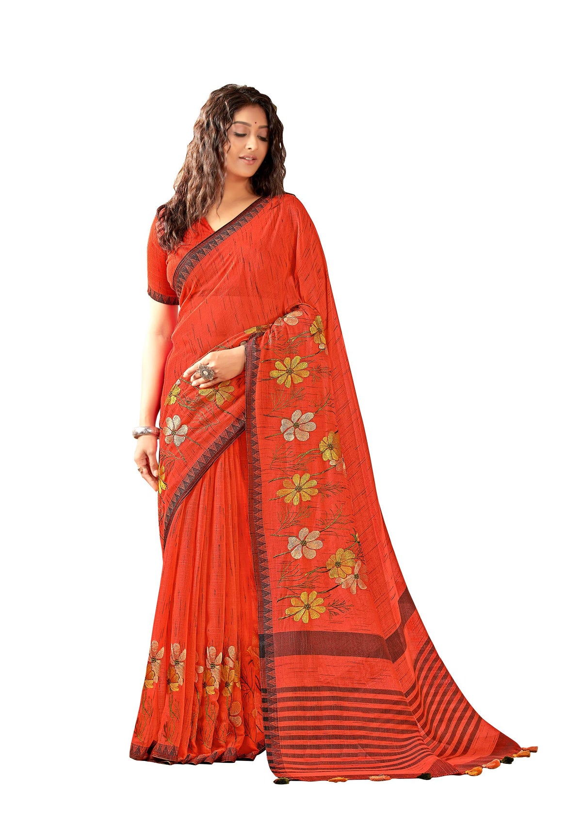DRAVINAM Trends Women's Handloom Pure Cotton Linen Embroidered Saree with Blouse Piece (Peach Orange)