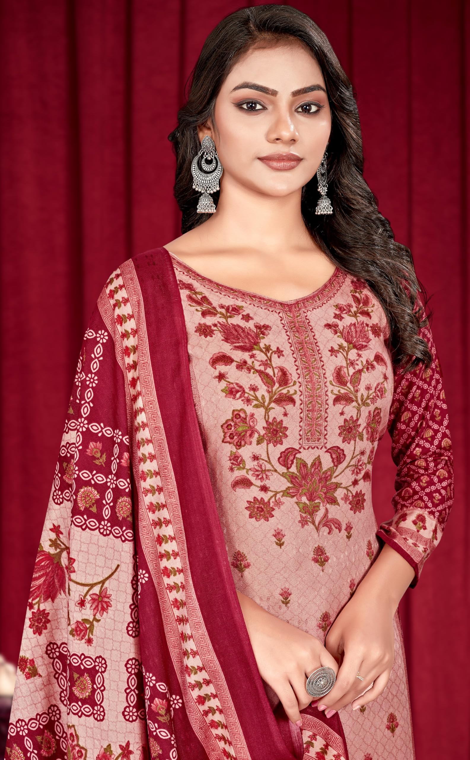 DRAVINAM Trends Women's Pakistani Printed Pashmina Wool Unstitch Salwar Suit Dress Material with Pashmina Printed Shawl Dupatta
