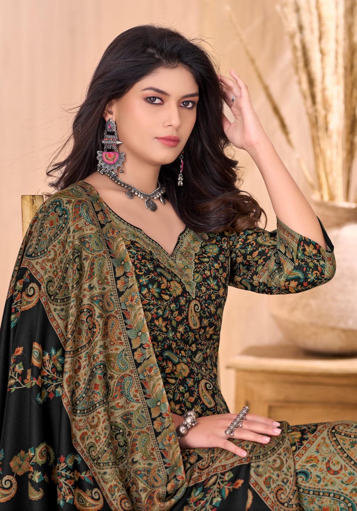 DRAVINAM Trends Women's Unstitched Winter Wear Kashmiri Kani Printed Swaroski Work Heavy Woolen Pashmina Salwar Suit Dress Material with Printed Shawl Dupatta
