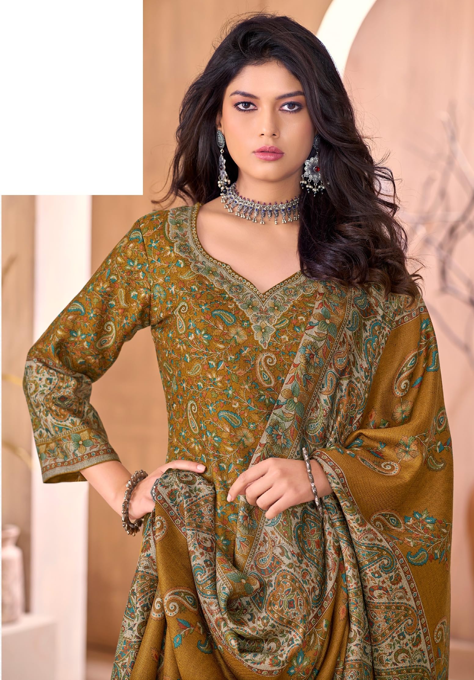 DRAVINAM Trends Women's Unstitched Winter Wear Kashmiri Kani Printed Swaroski Work Heavy Woolen Pashmina Salwar Suit Dress Material with Printed Shawl Dupatta