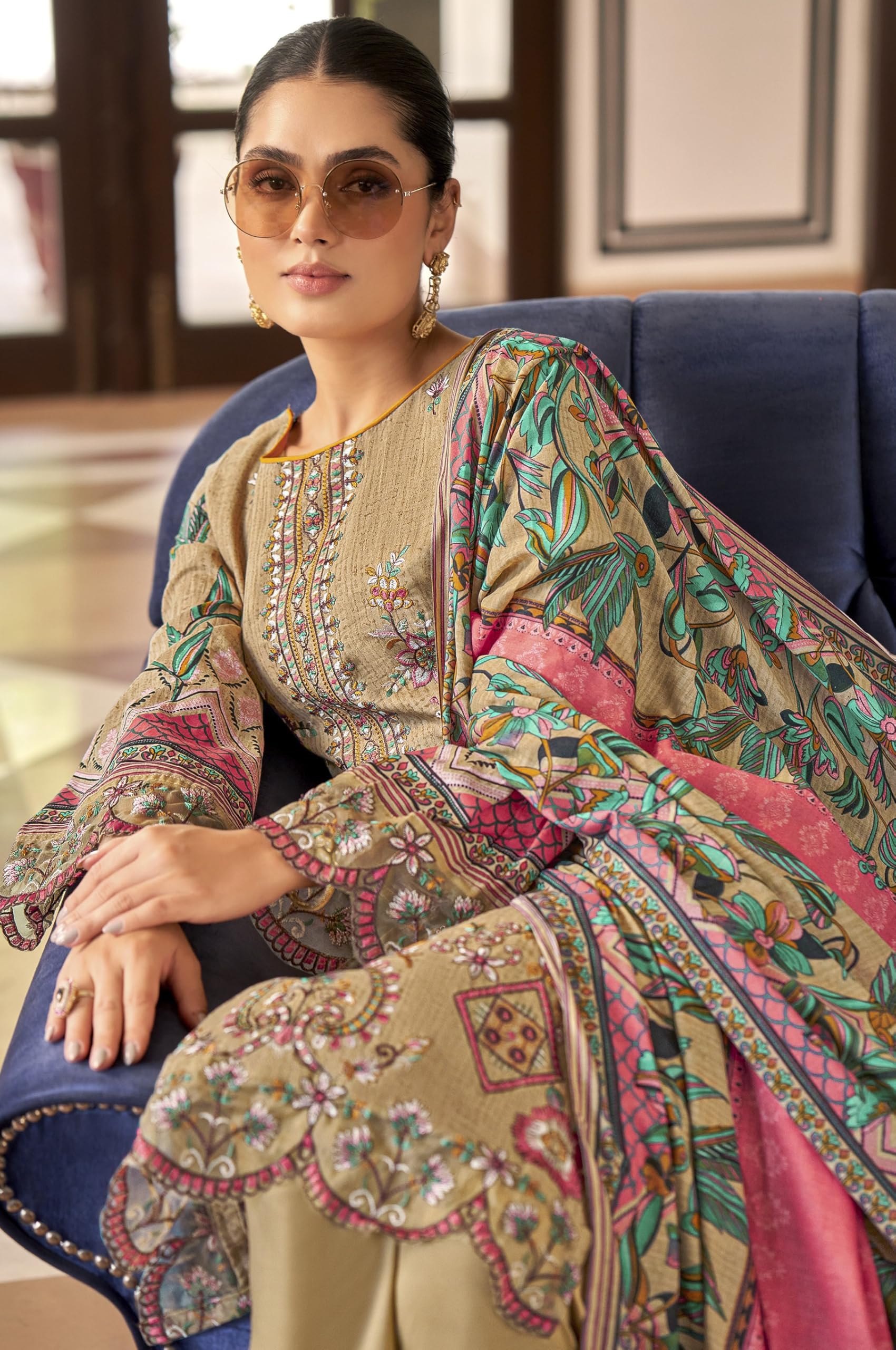 DRAVINAM Trends Women's Unstitched Cotton Suit Dress Material - Pure Cambric Cotton Pakistani Print Embroidered Kameez II Pure Cotton Bottoms II Pure Cotton Dupatta