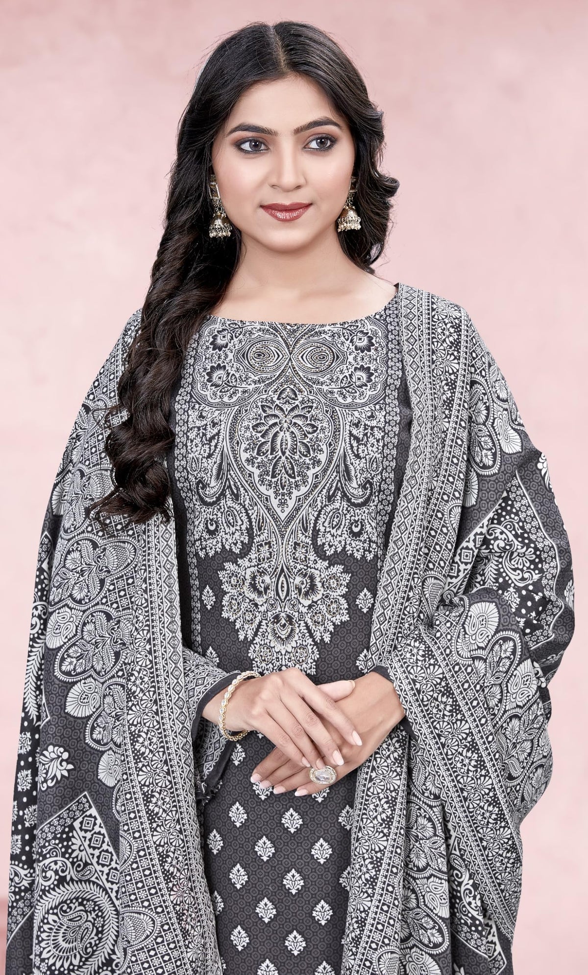 DRAVINAM Trends Heavy Pashmina Spun Digital Style Kani Kashmiri Printed Unstitched Salwar Suit for Women with Siroski Work and Printed Pashmina Shawl Dupatta