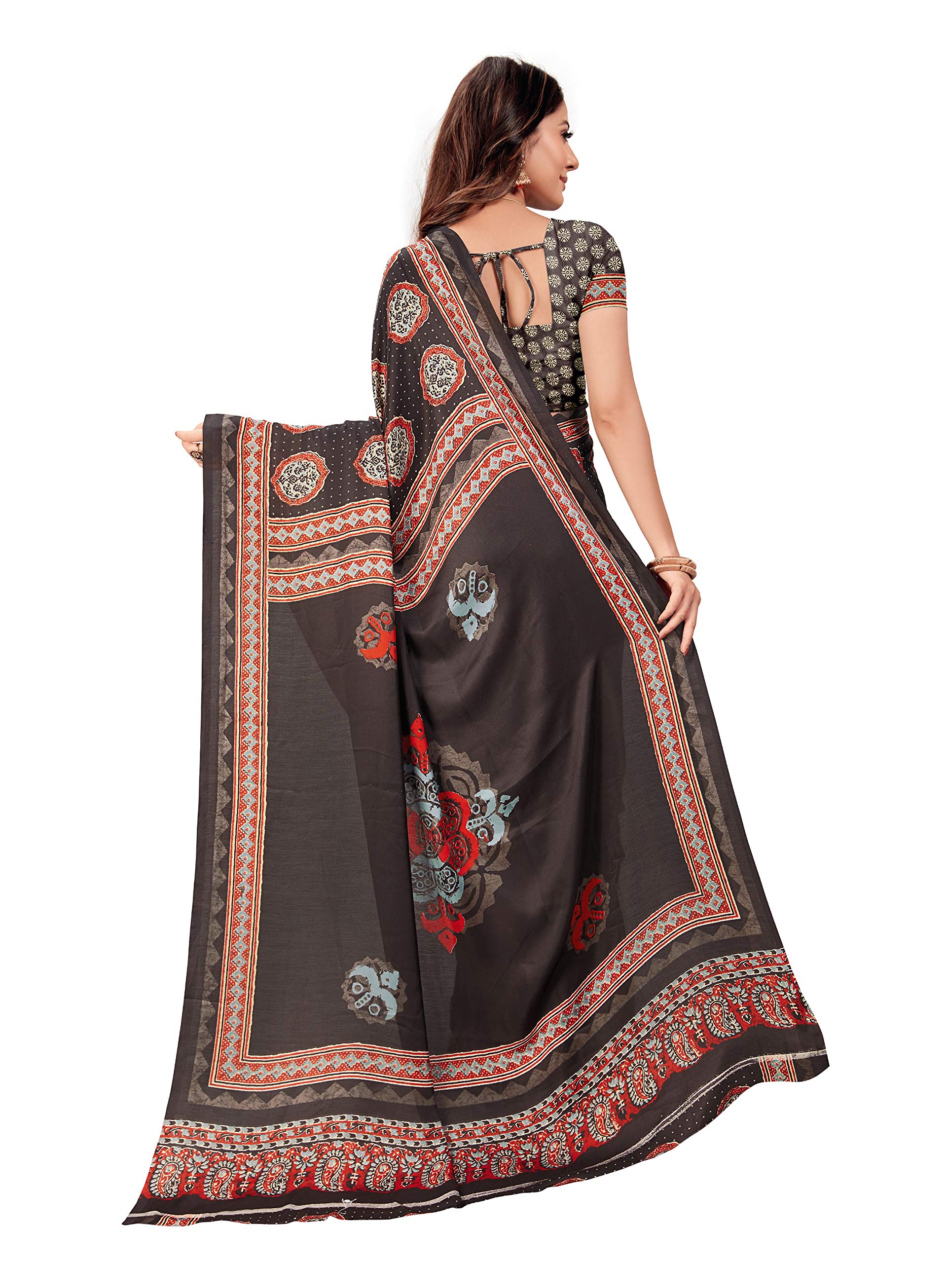 DRAVINAM Trends Women's Soft Printed Mulmul Satin Saree with Blouse Piece (Stn_2, Black and Red)