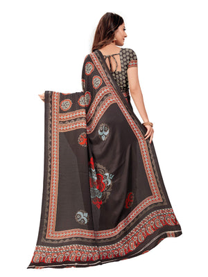 DRAVINAM Trends Women's Soft Printed Mulmul Satin Saree with Blouse Piece (Stn_2, Black and Red)